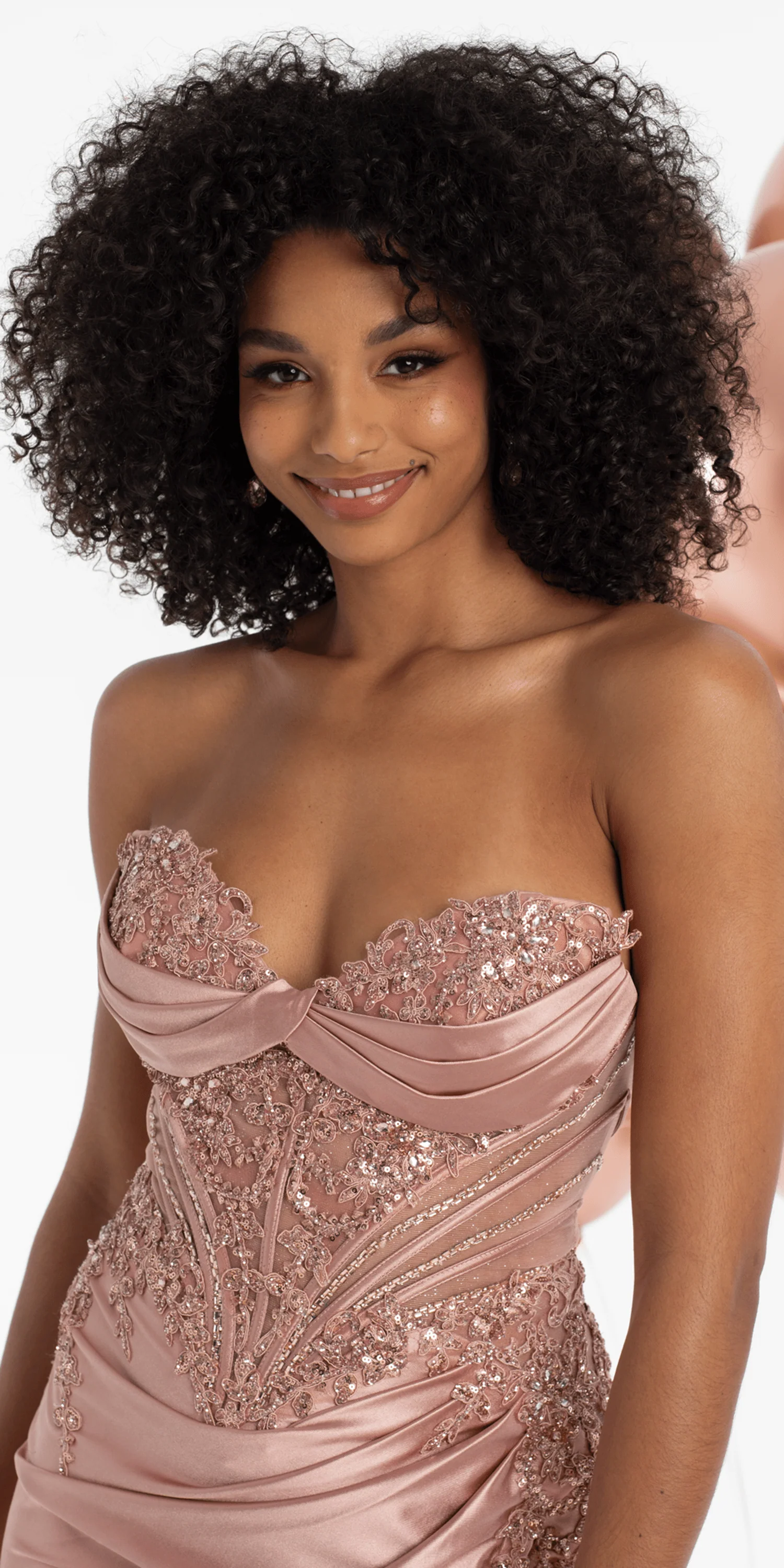 Satin Embroidered Strapless Corset Column Dress with Scarf - Image 3