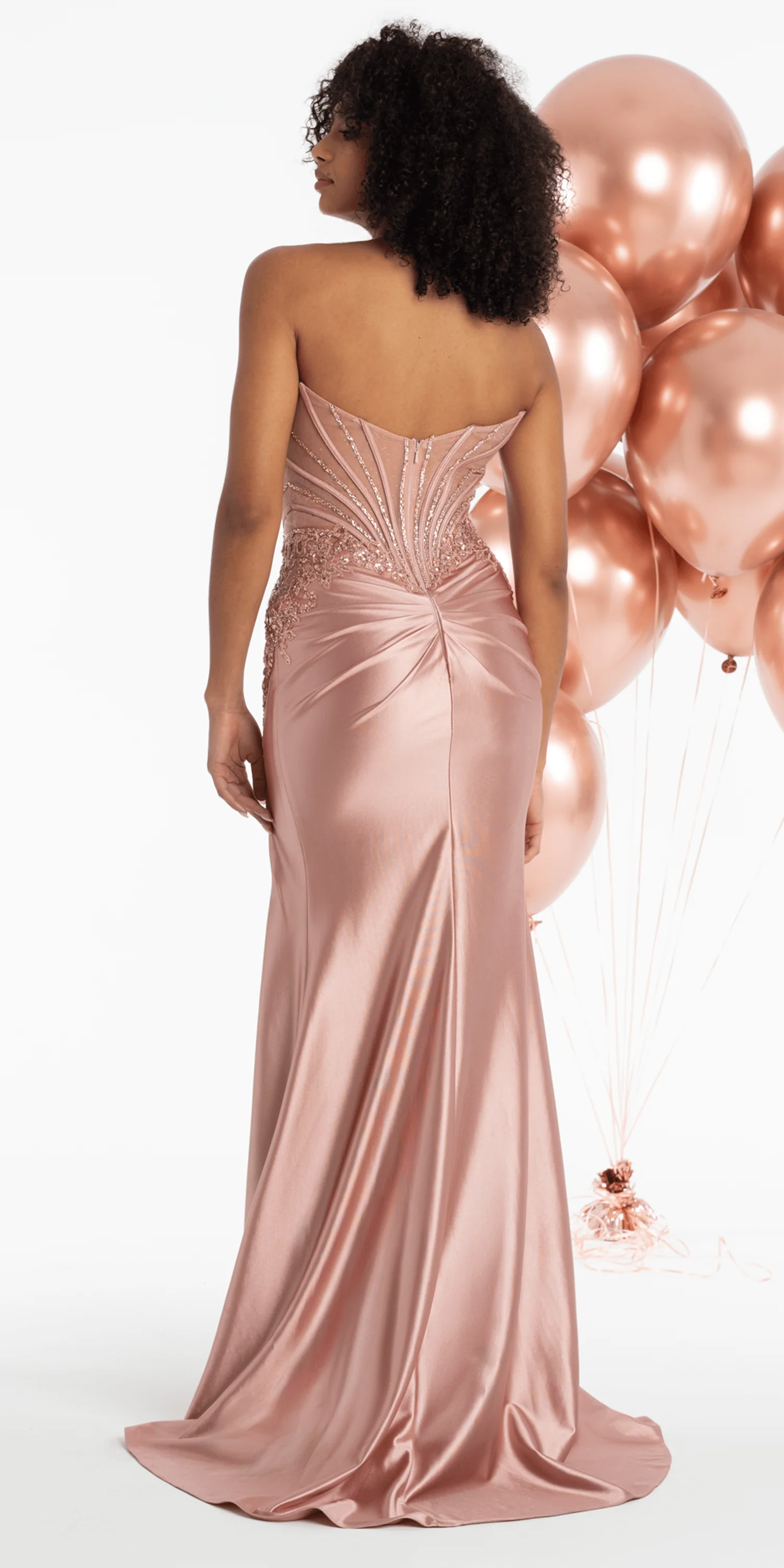 Satin Embroidered Strapless Corset Column Dress with Scarf - Image 4