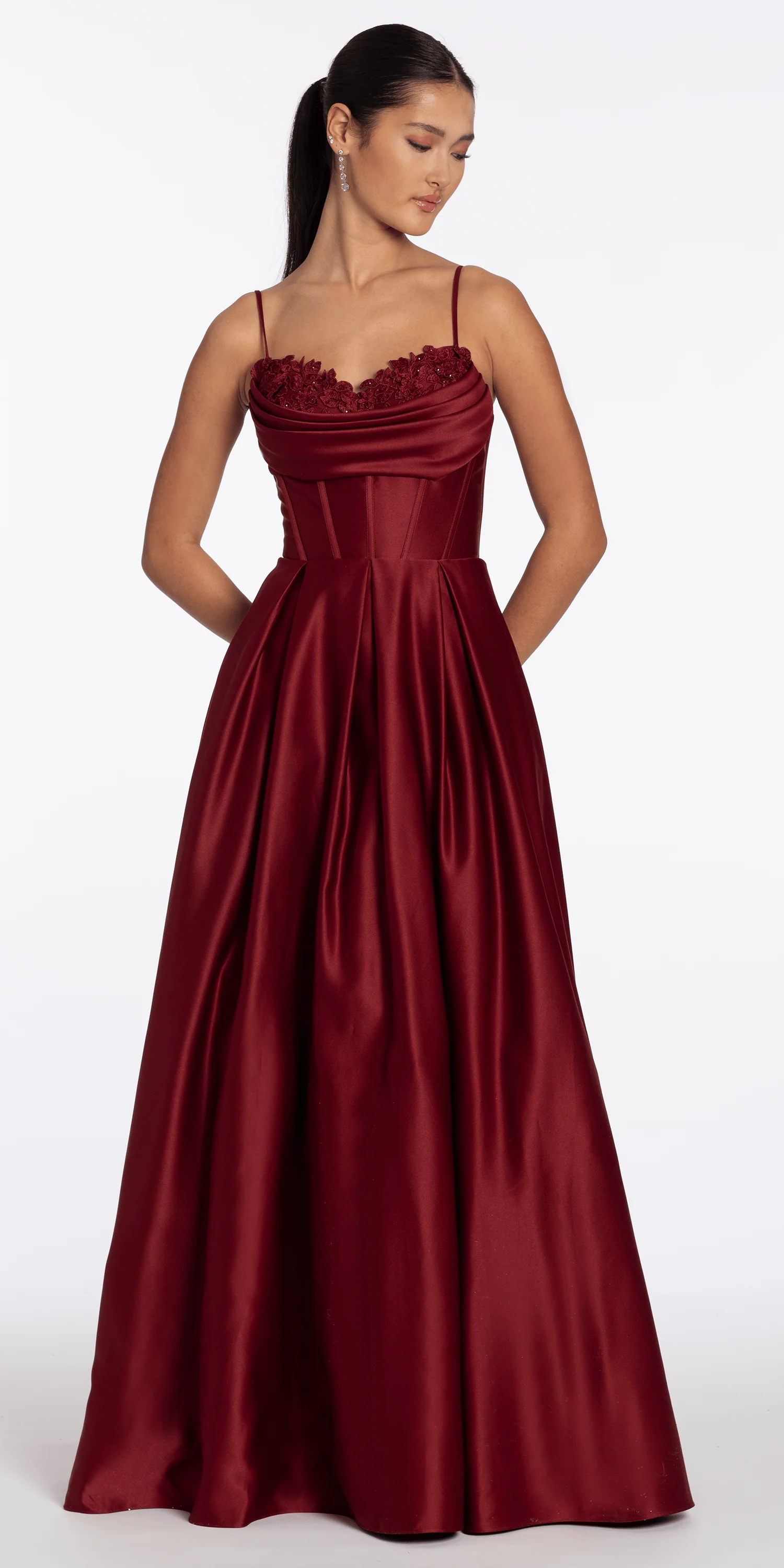 Satin Embroidered Sweetheart Corset Ballgown with Pockets - Image 3