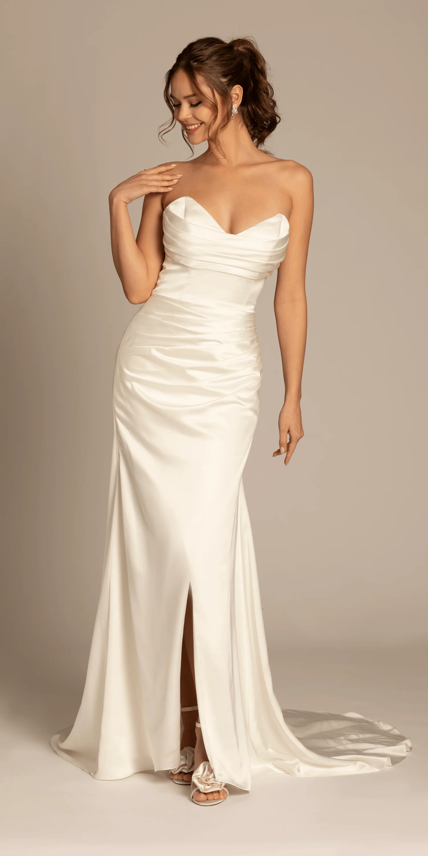 Satin Mock Wrap Pleated Column Dress with Chapel Train - Image 3