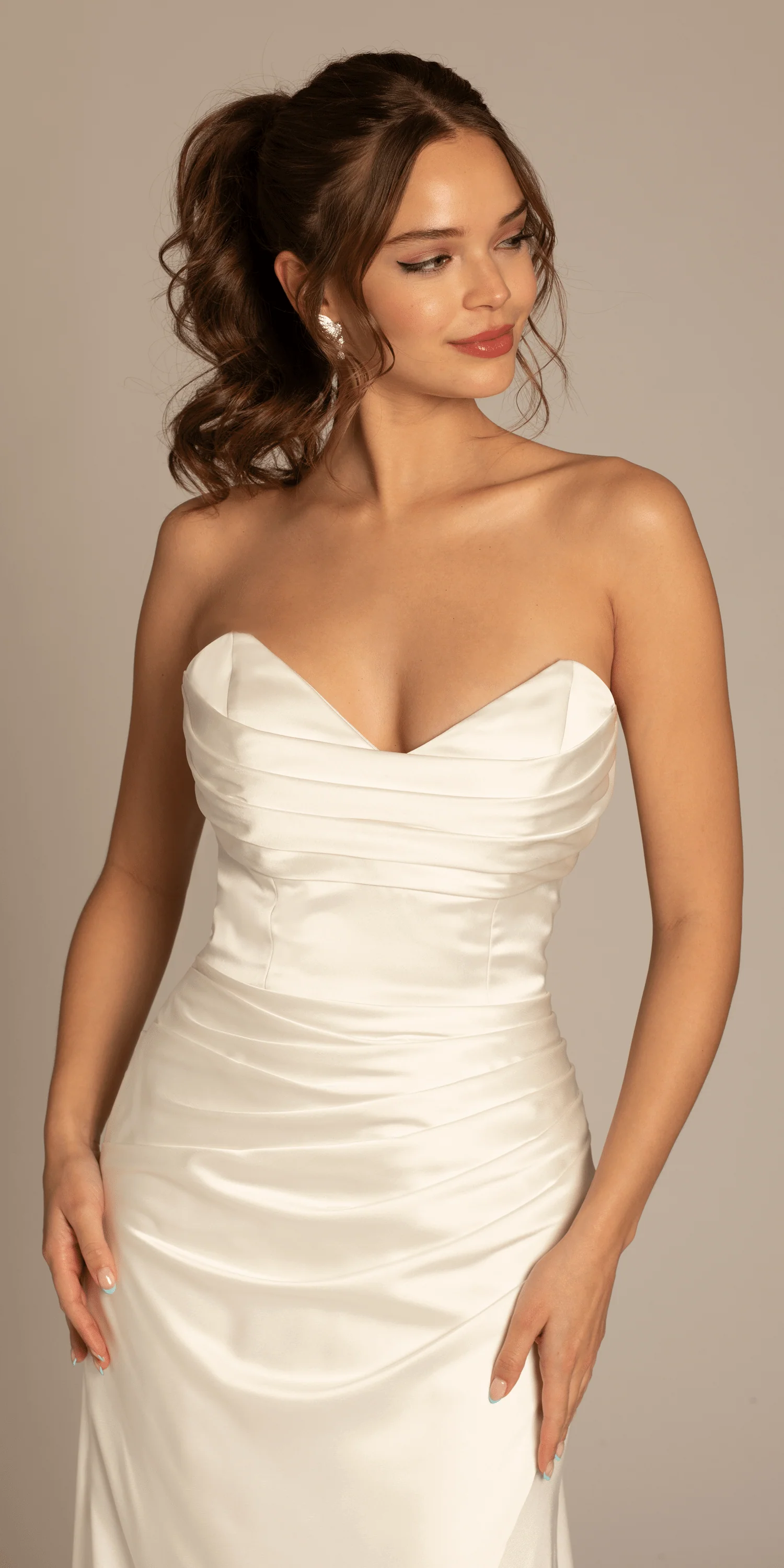 Satin Mock Wrap Pleated Column Dress with Chapel Train - Image 4