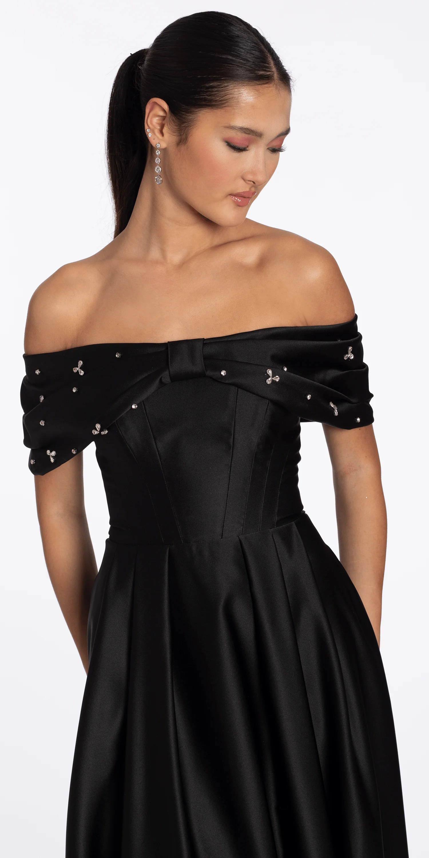 Satin Off the Shoulder Ballgown with Rhinestone Bow Detail - Image 2
