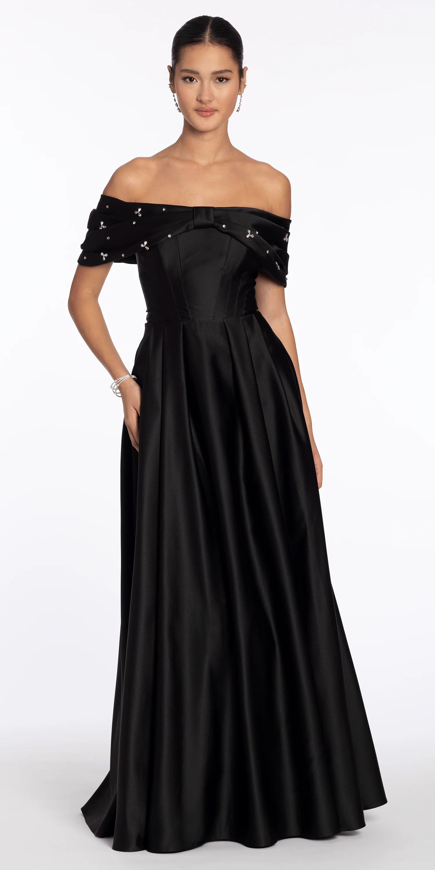Satin Off the Shoulder Ballgown with Rhinestone Bow Detail - Image 3