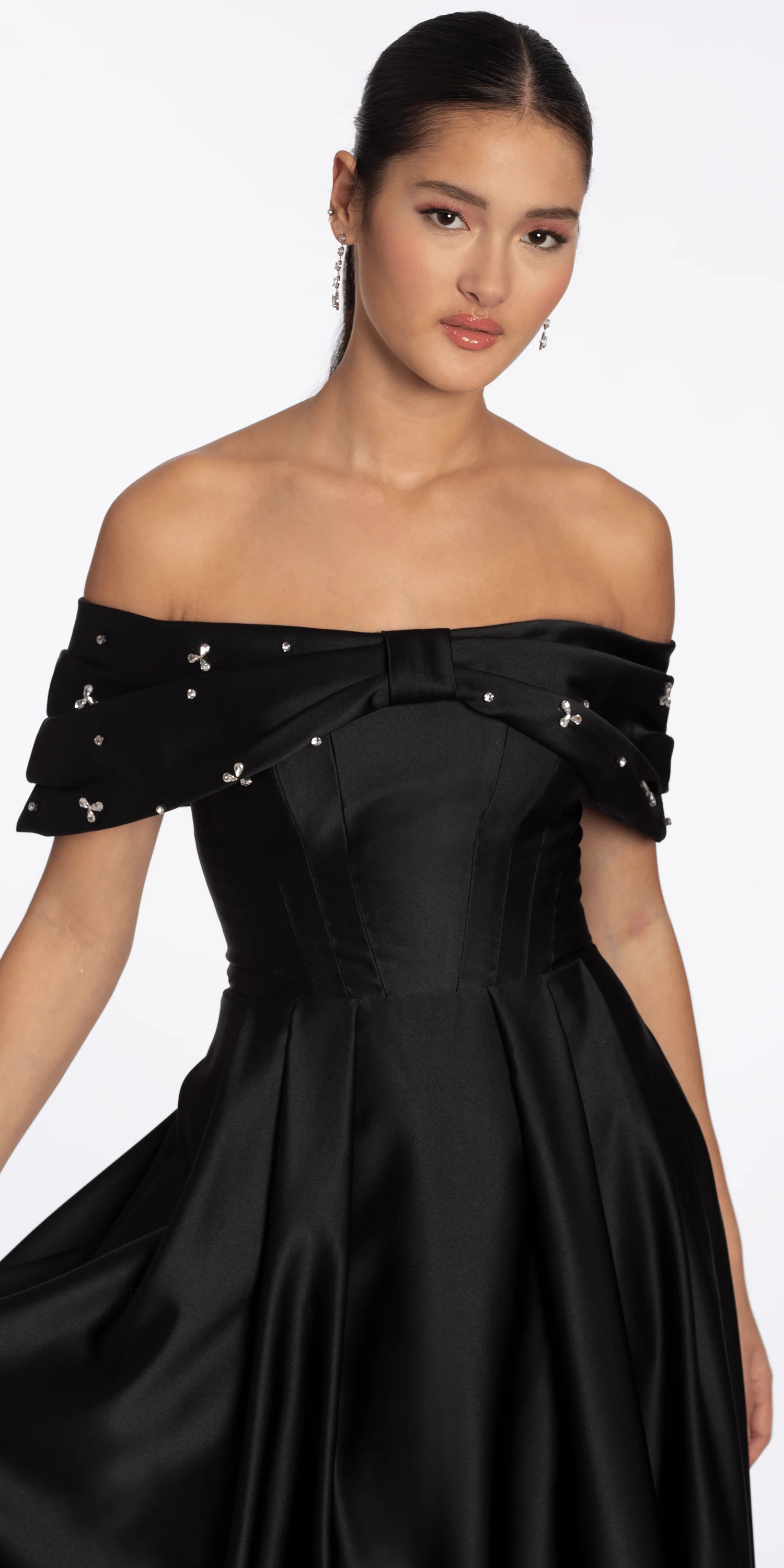 Satin Off the Shoulder Ballgown with Rhinestone Bow Detail - Image 4
