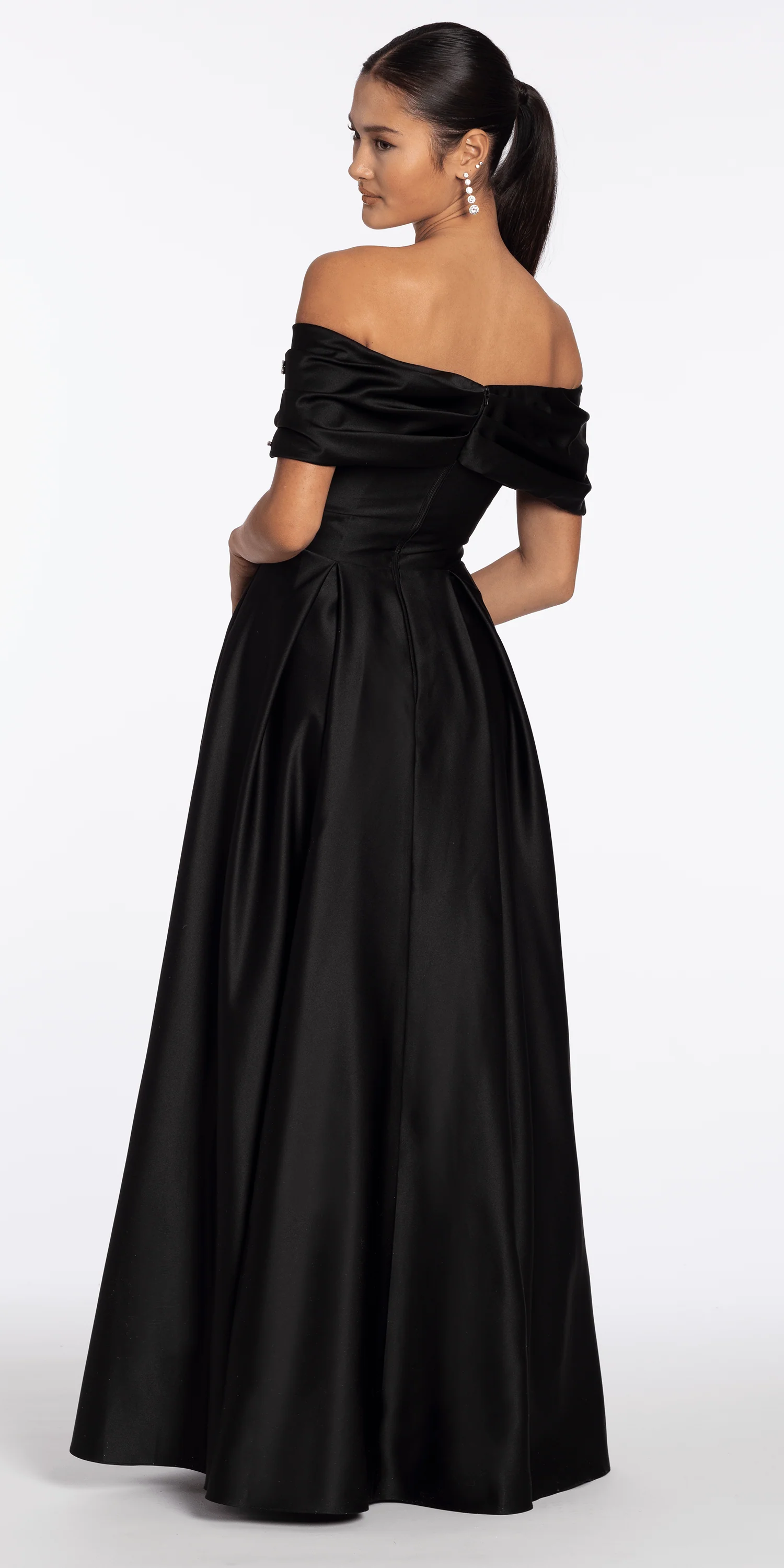 Satin Off the Shoulder Ballgown with Rhinestone Bow Detail - Image 5