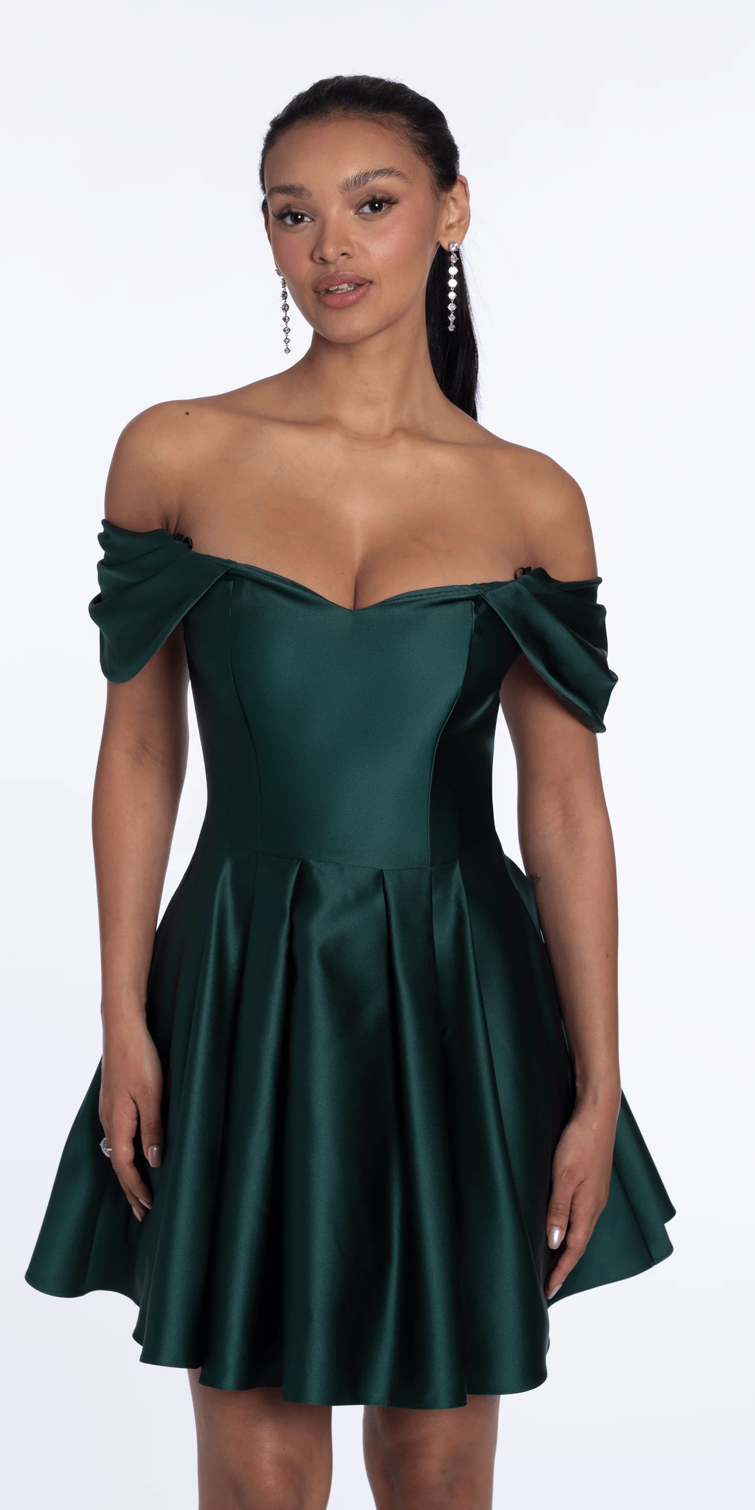 Satin Off the Shoulder Fit and Flare Dress with Princess Pleats - Image 3