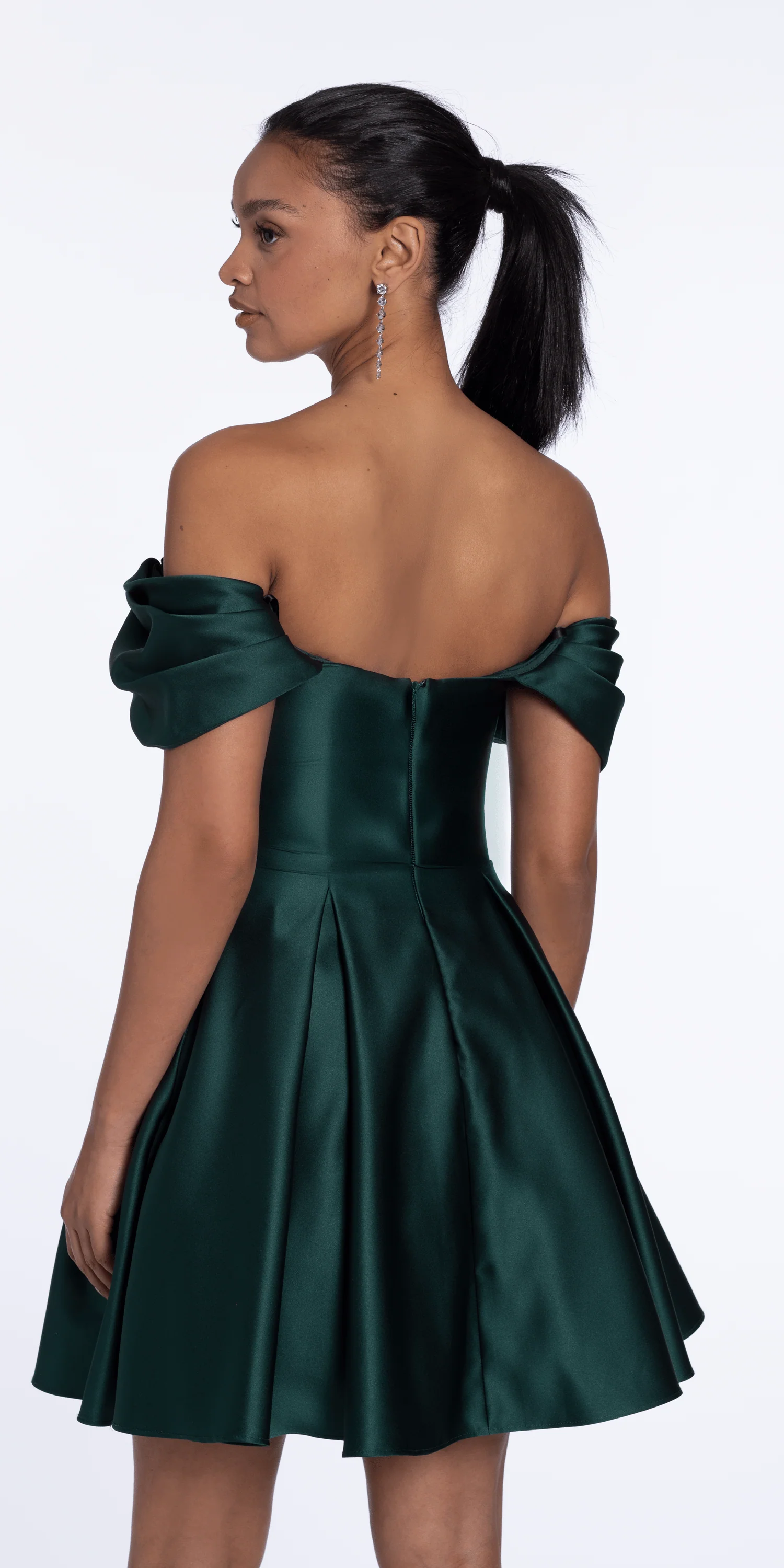 Satin Off the Shoulder Fit and Flare Dress with Princess Pleats - Image 4