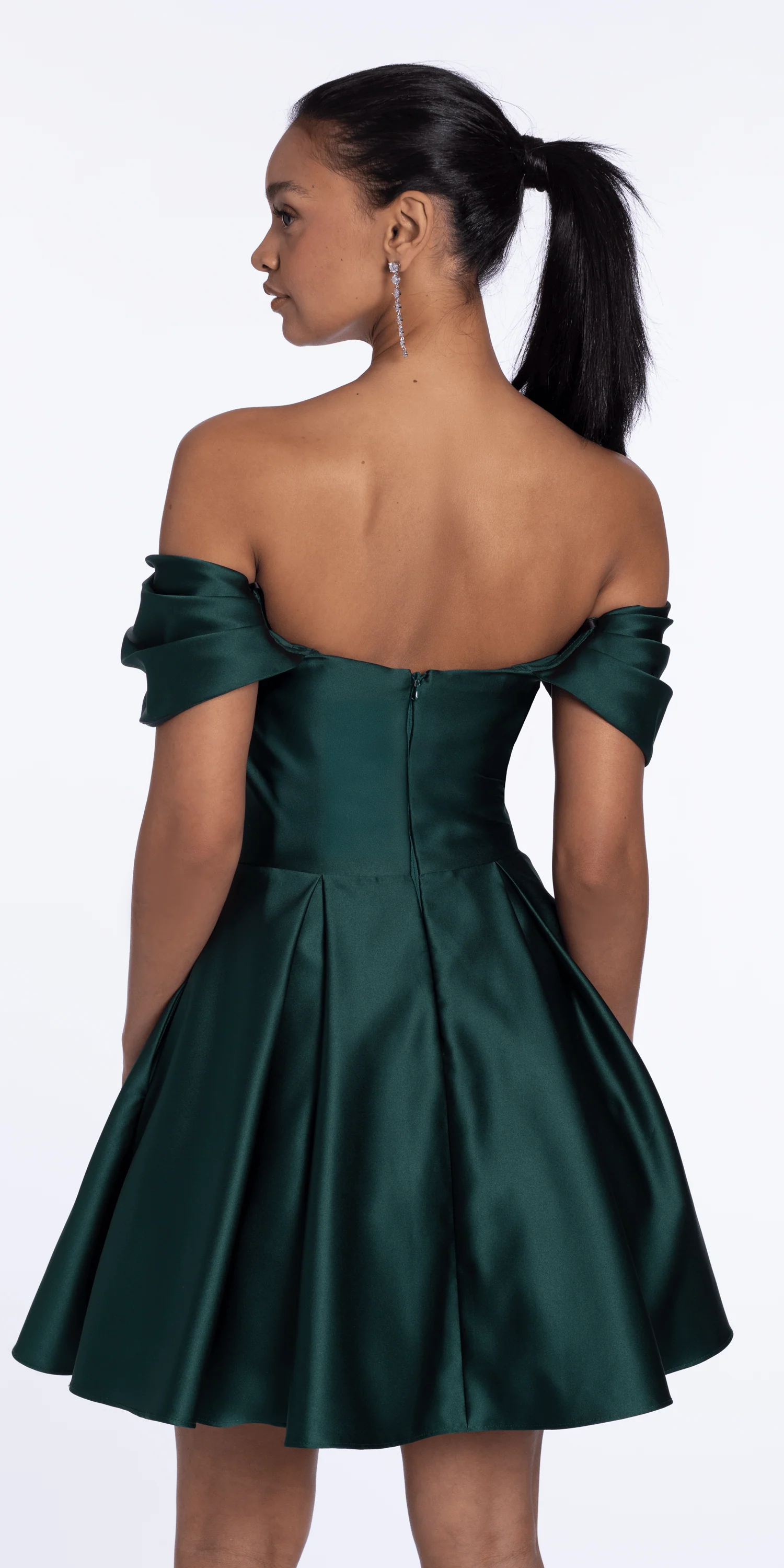 Satin Off the Shoulder Fit and Flare Dress with Princess Pleats - Image 5