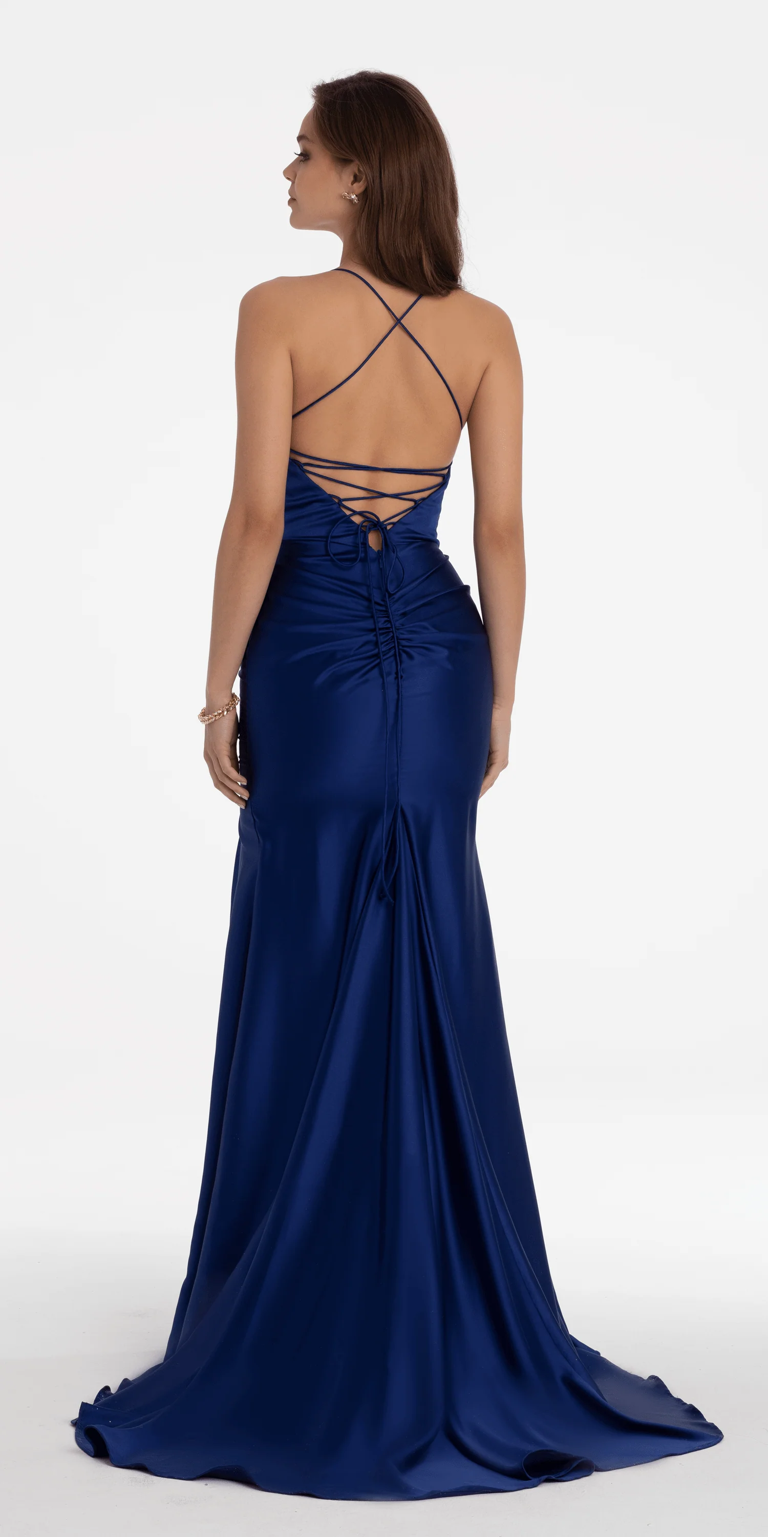 Satin Pleated Lace Up Back Trumpet Dress with Shawl - Image 3