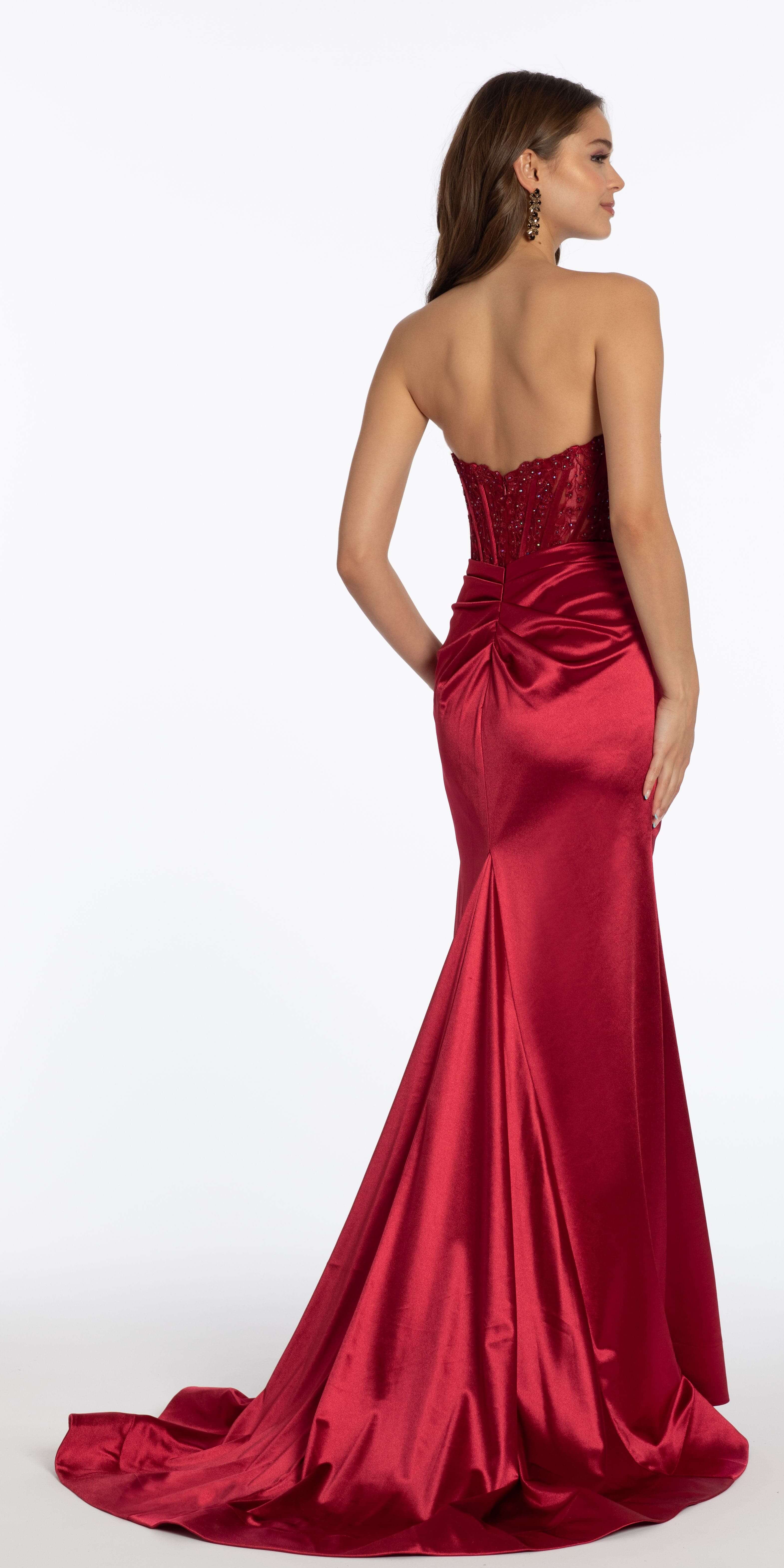Satin Plunge Corset Column Dress with Ruching - Image 4