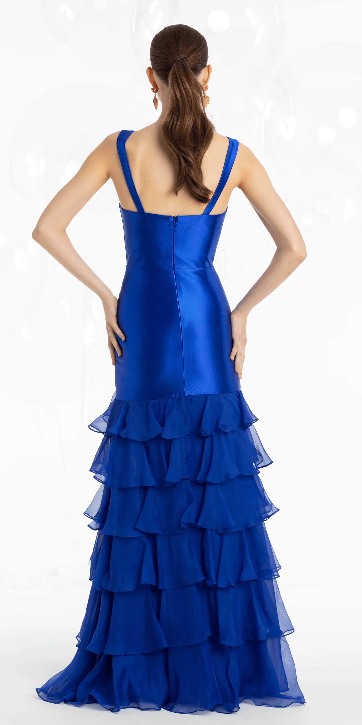 Satin Plunge Corset Mermaid Dress with Chiffon Tiers - Image 3
