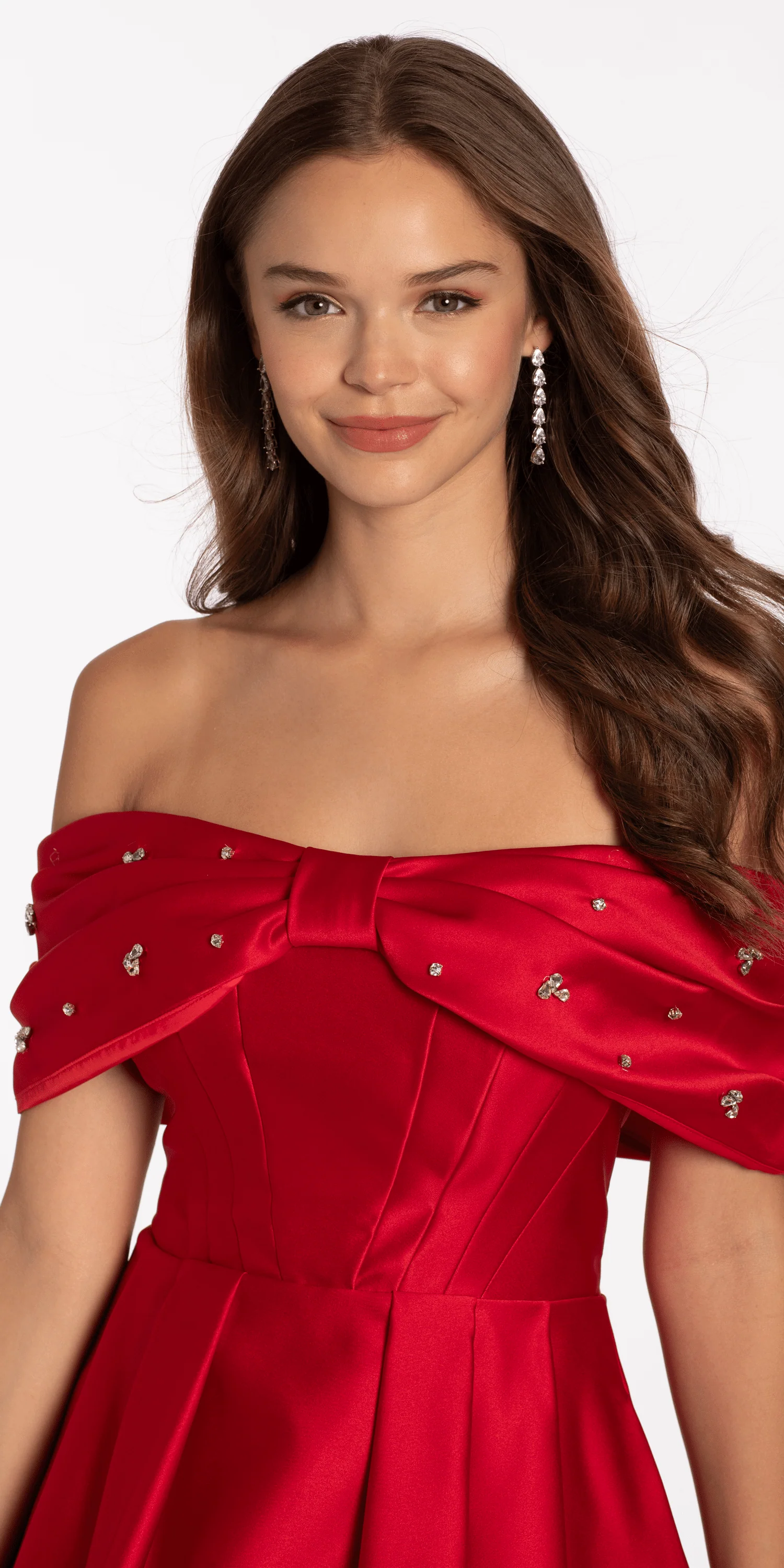 Satin Rhinestone Bow Off the Shoulder Skater Dress - Image 3