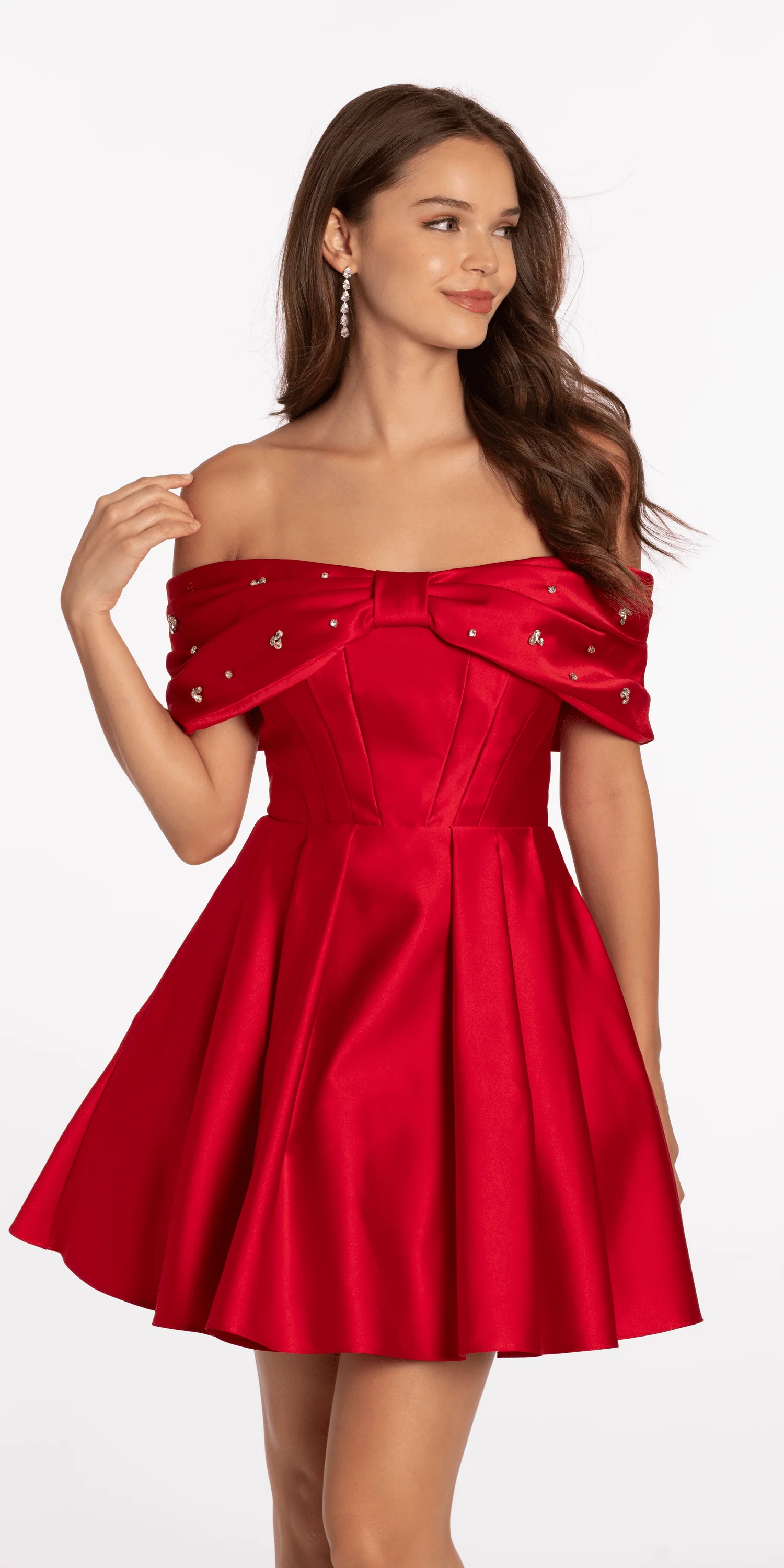 Satin Rhinestone Bow Off the Shoulder Skater Dress - Image 4