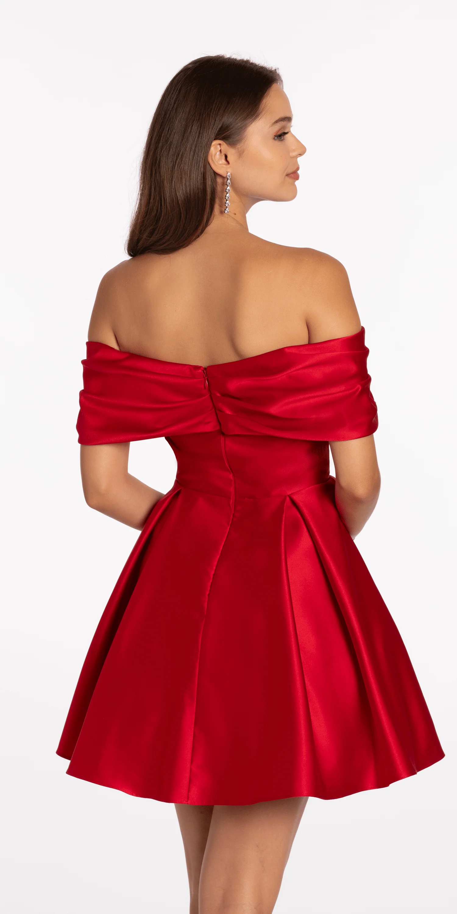 Satin Rhinestone Bow Off the Shoulder Skater Dress - Image 5