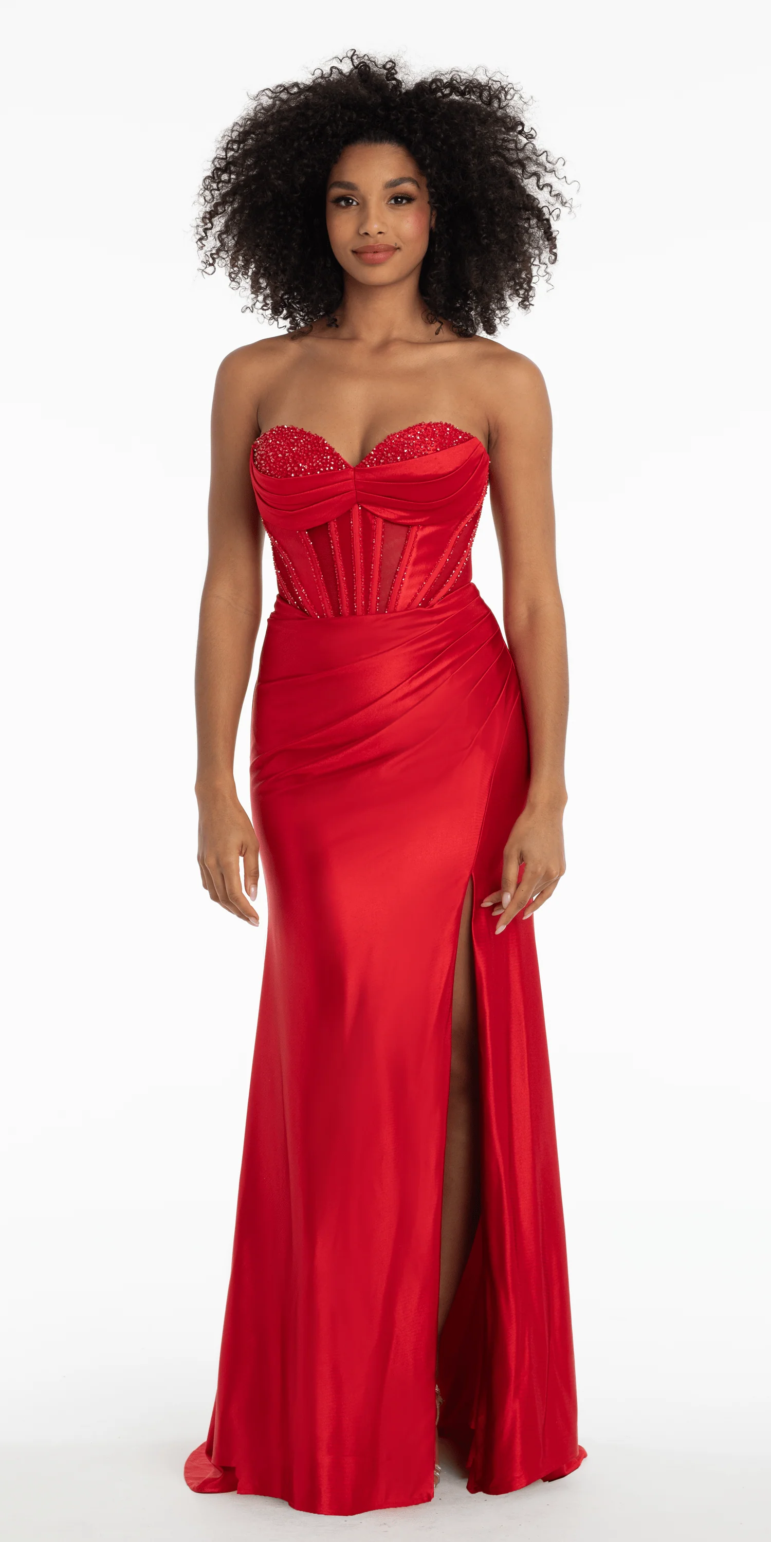 Satin Stone Encrusted Strapless Sweetheart Corset Column Dress with Side Ruching - Image 3