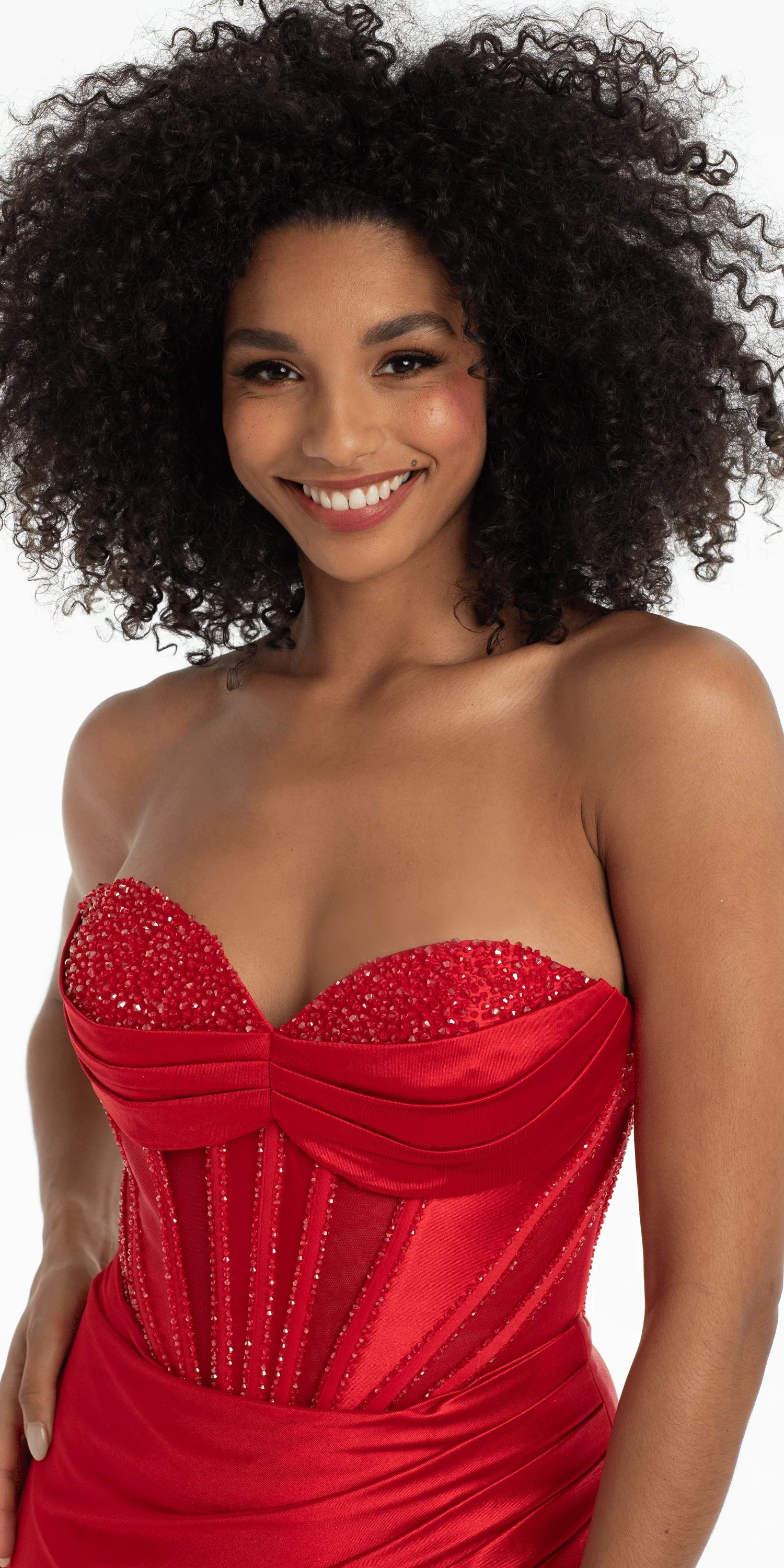 Satin Stone Encrusted Strapless Sweetheart Corset Column Dress with Side Ruching - Image 4