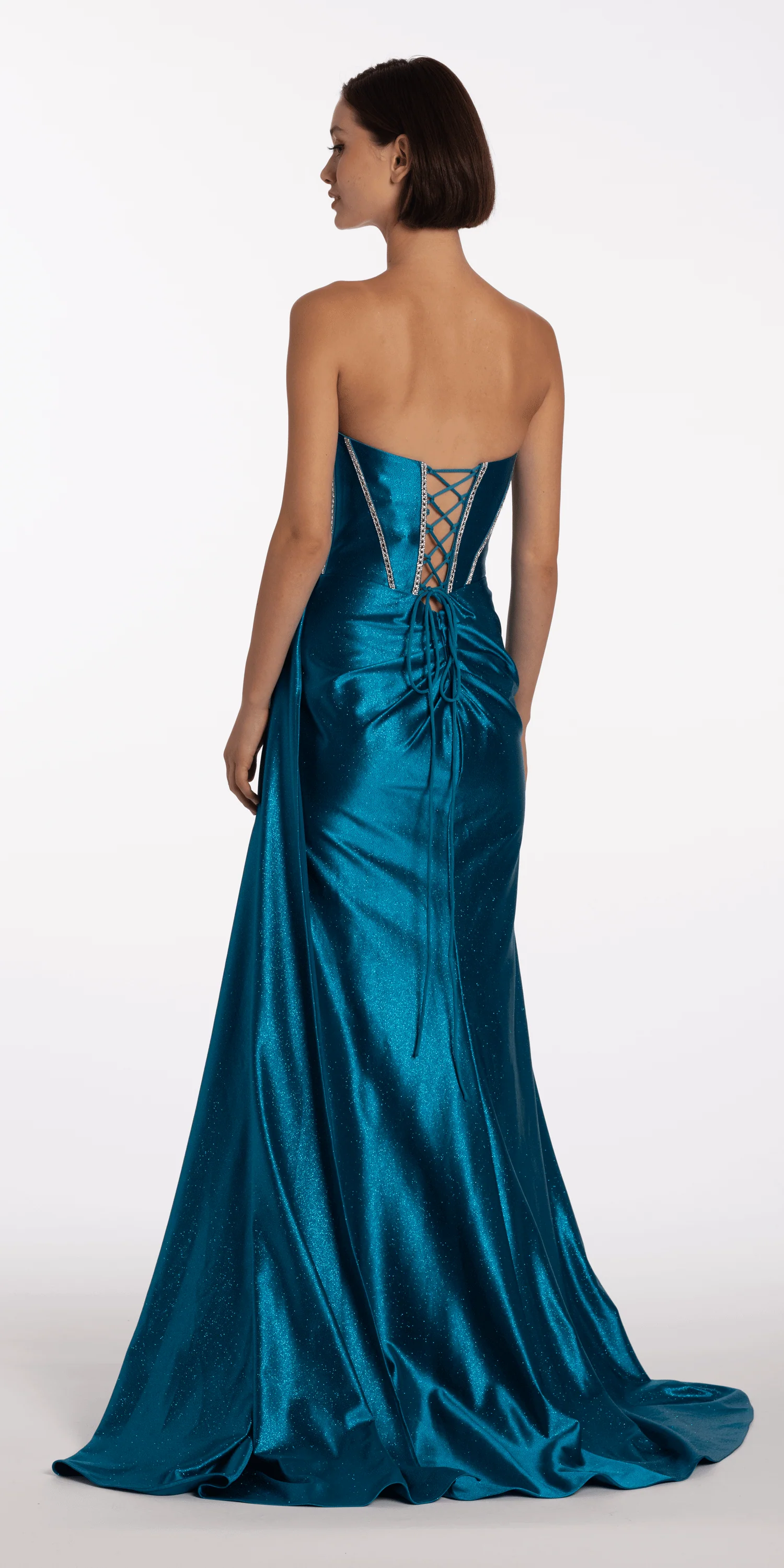 Satin Strapless Rhinestone A Line Dress with Peek-a-Boo Bodice - Image 5
