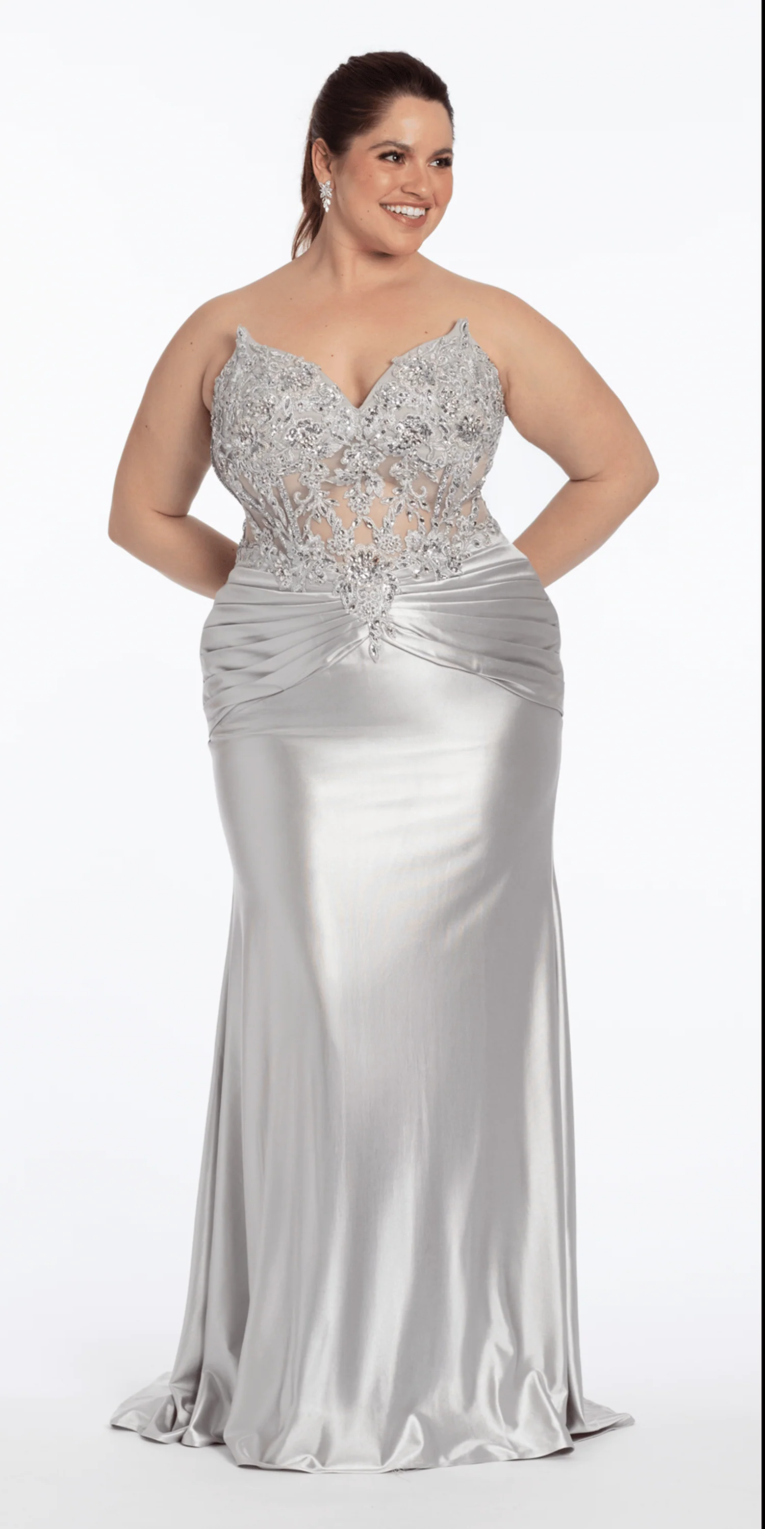 Satin Strapless Sweetheart Embroidered Corset Column Dress - Image 3