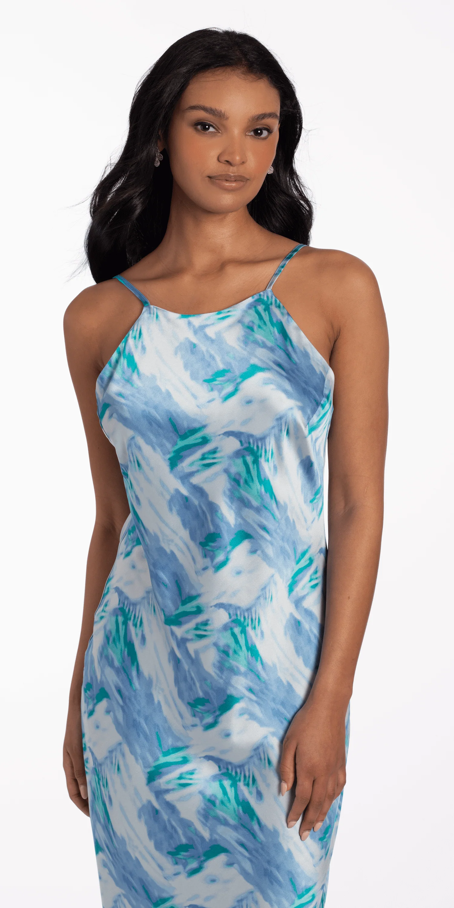 Satin Watercolor Strappy Back Halter Midi Dress - Image 5