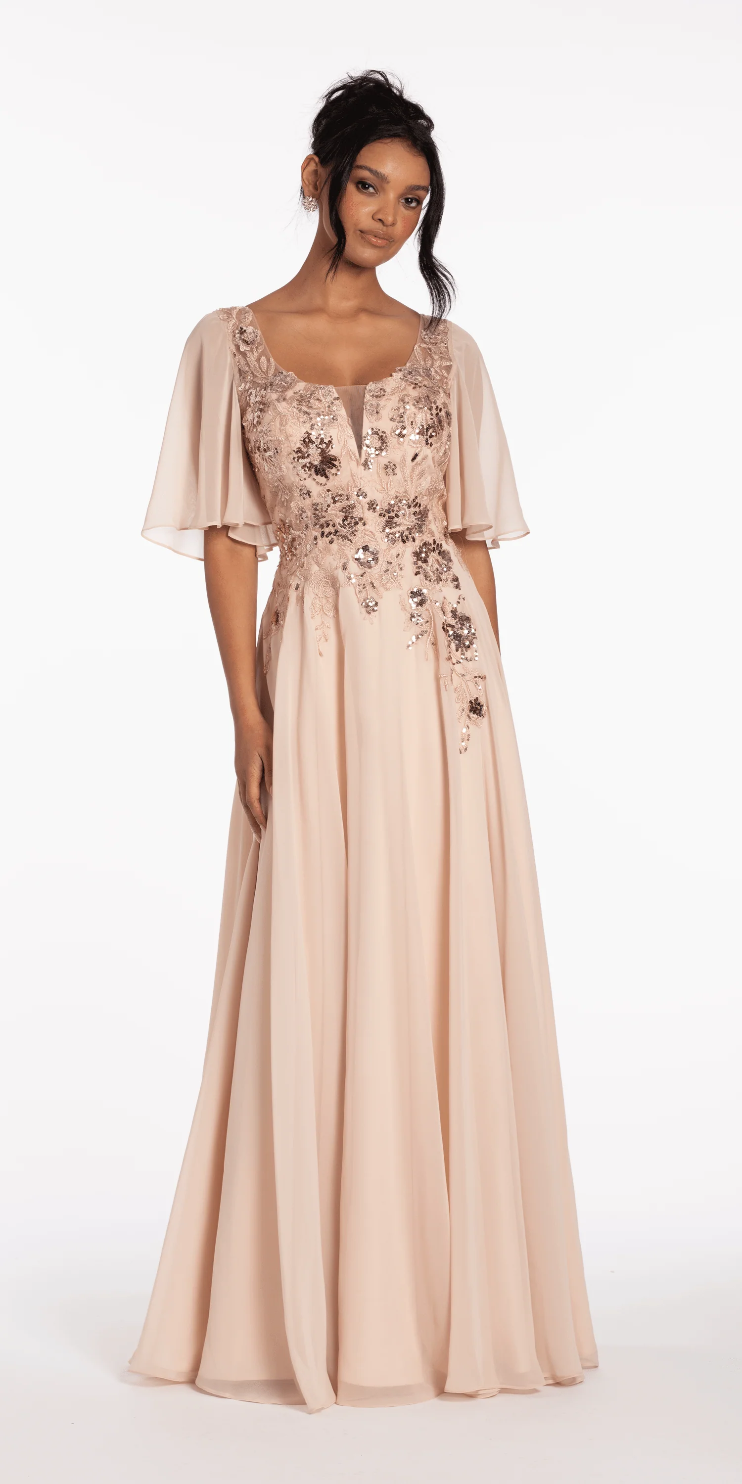 Scoop Neck Chiffon Flutter Sleeve Embroidered A-line Dress - Image 5