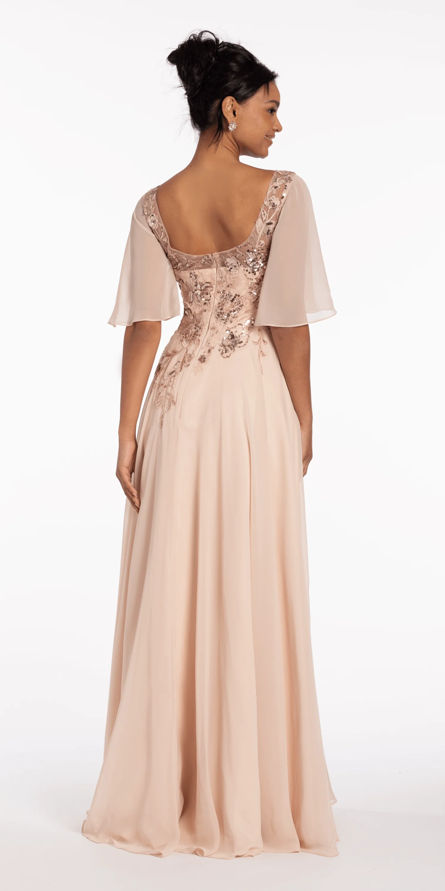 Scoop Neck Chiffon Flutter Sleeve Embroidered A-line Dress - Image 6