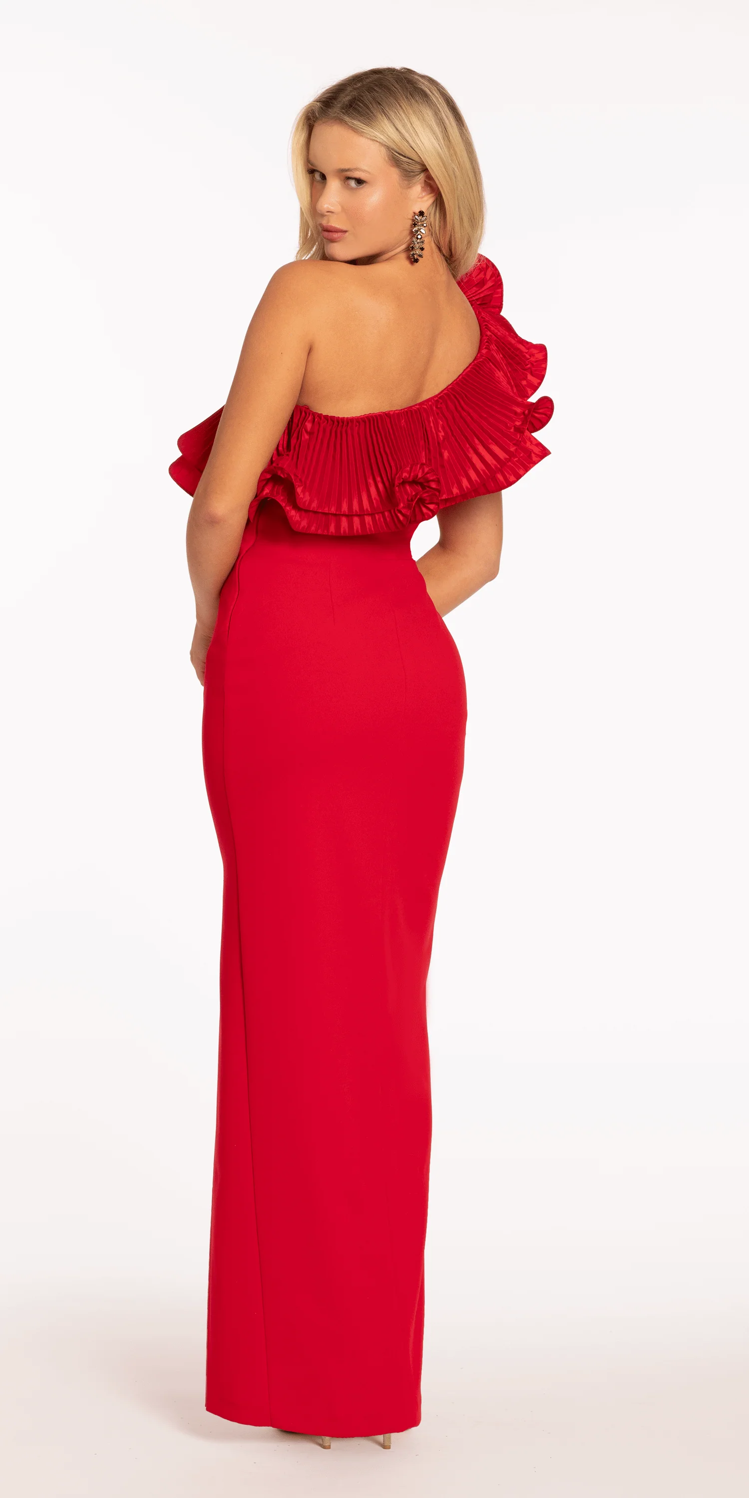 Scuba One Shoulder Column Dress with Pleated Ruffle Flower - Image 4