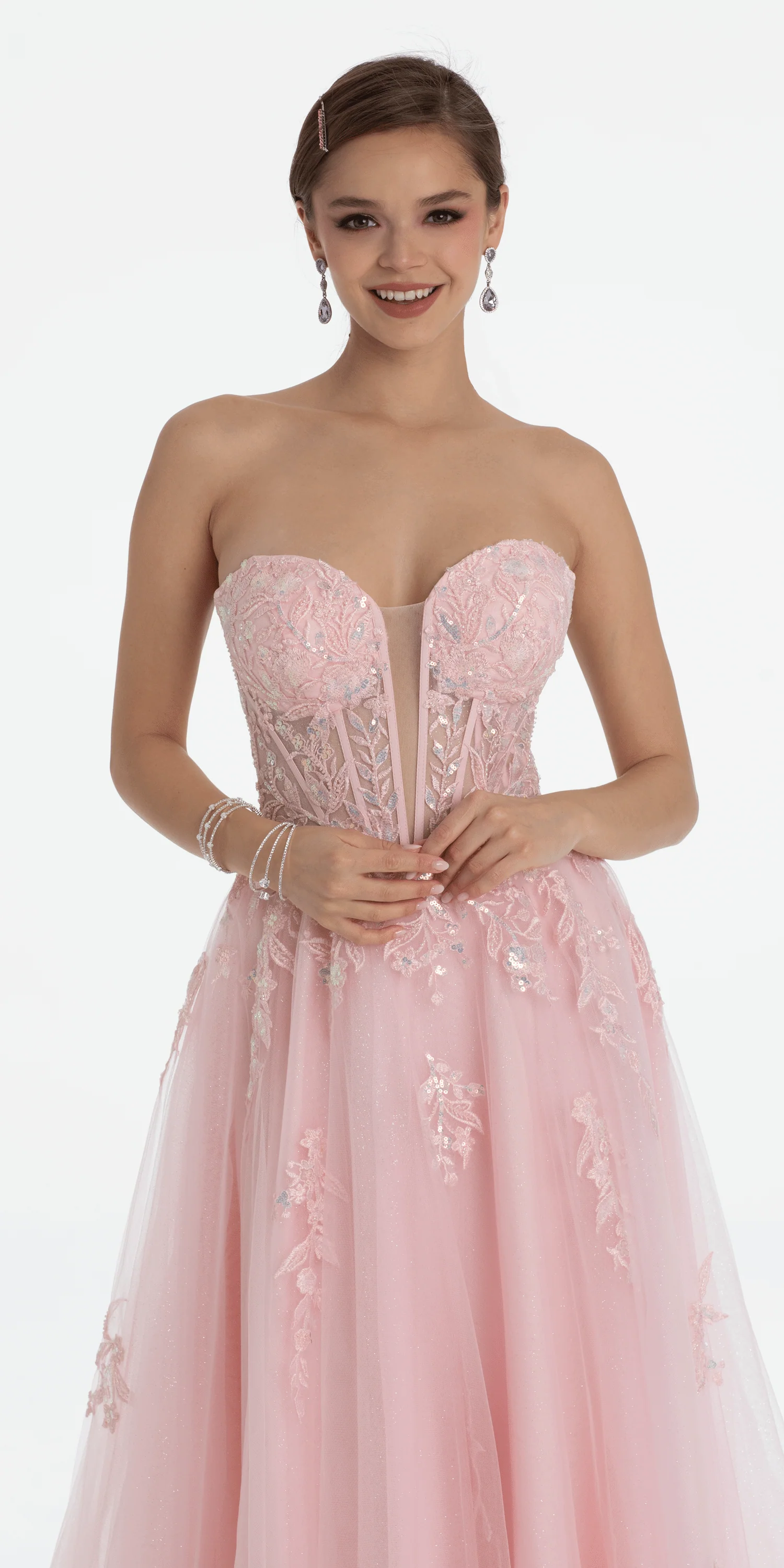 Sequin Applique Corset Plunge Tulle Ballgown - Image 3
