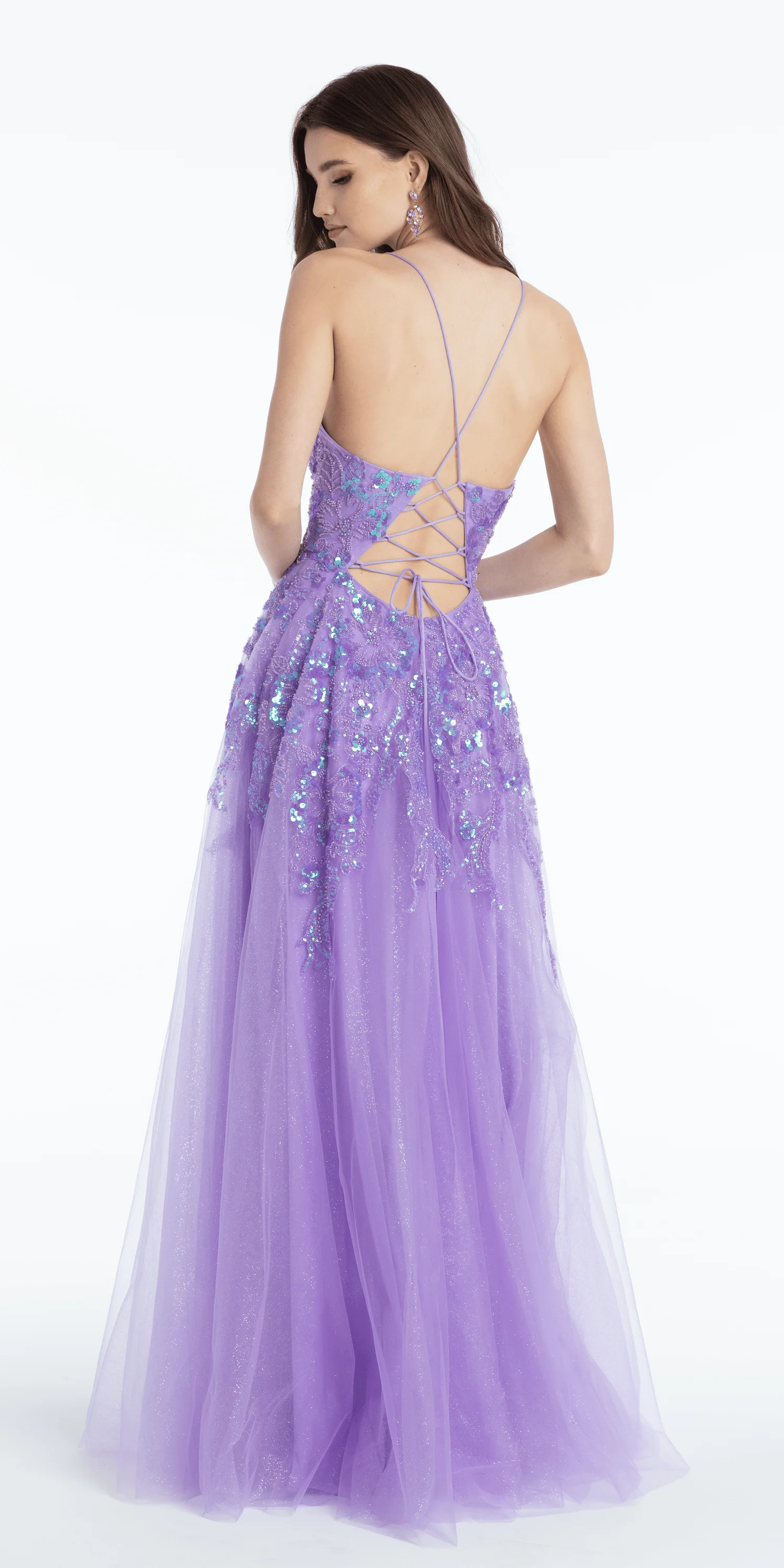 Sequin Embellished Glitter Plunge Ballgown with Side Slit - Image 3