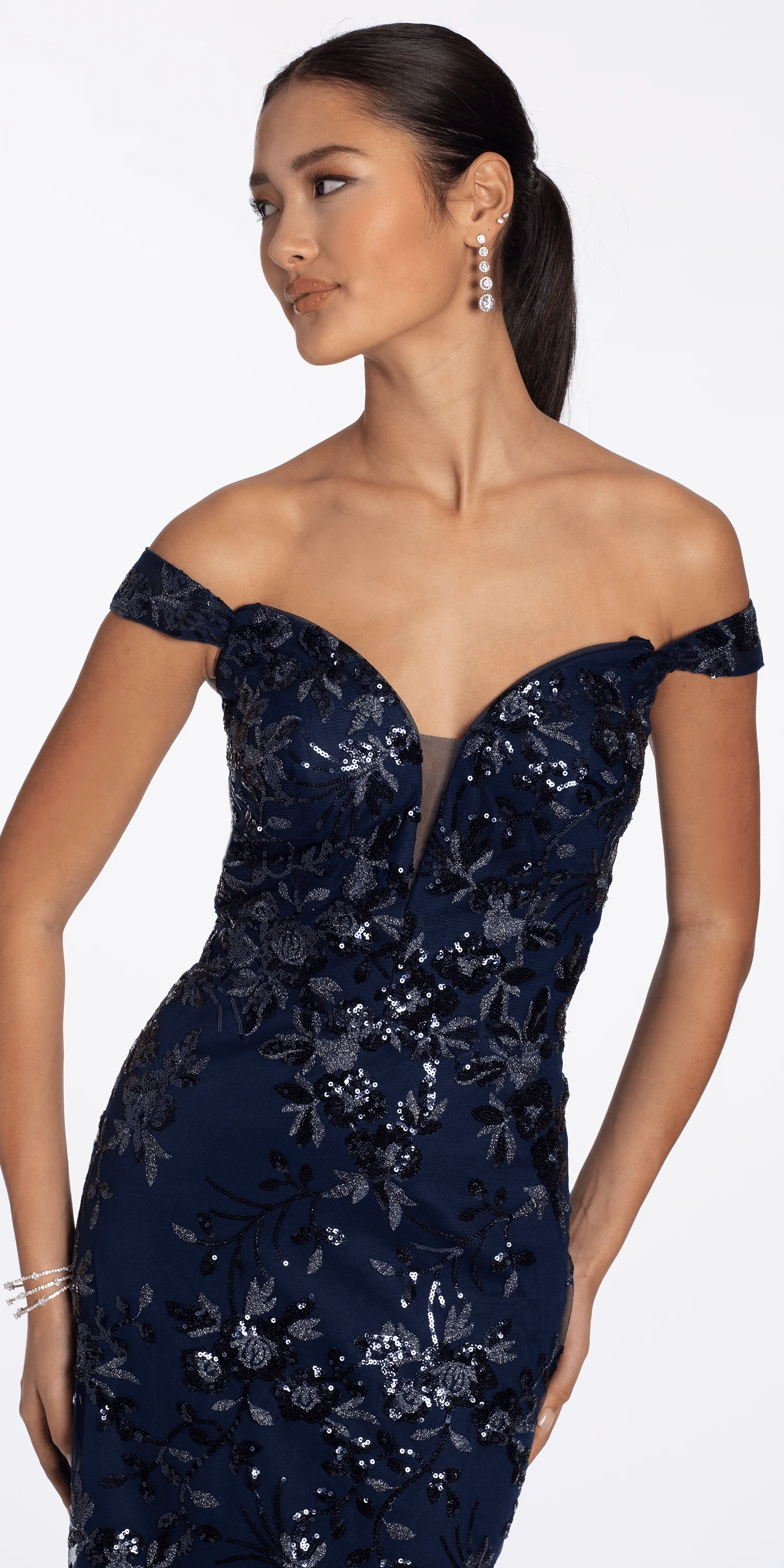 Sequin Embellished Mesh Off the Shoulder Mermaid Dress with Godets - Image 2