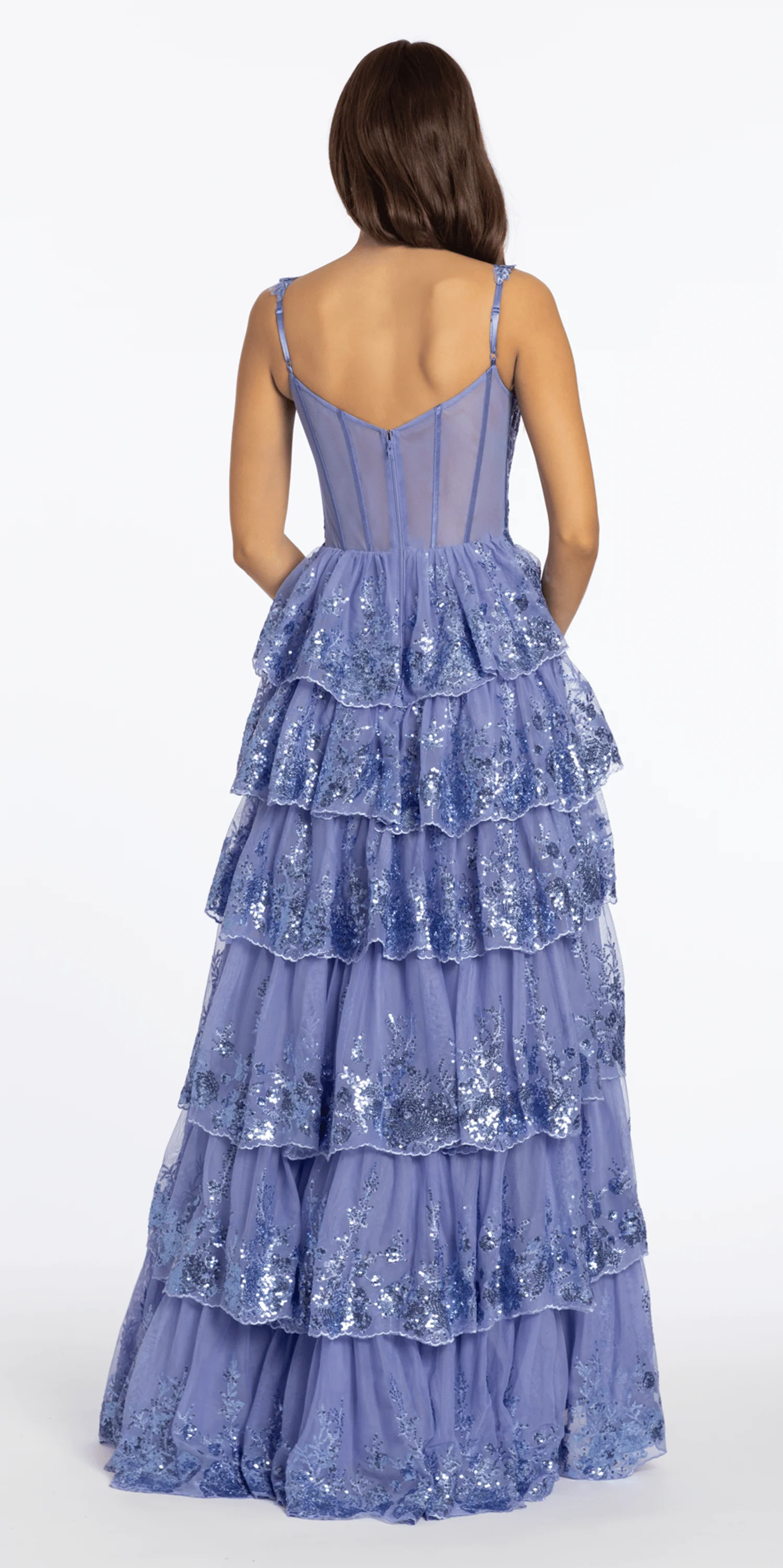 Sequin Embroidered Corset Mesh Tiered Ballgown with Illusion Back - Image 5
