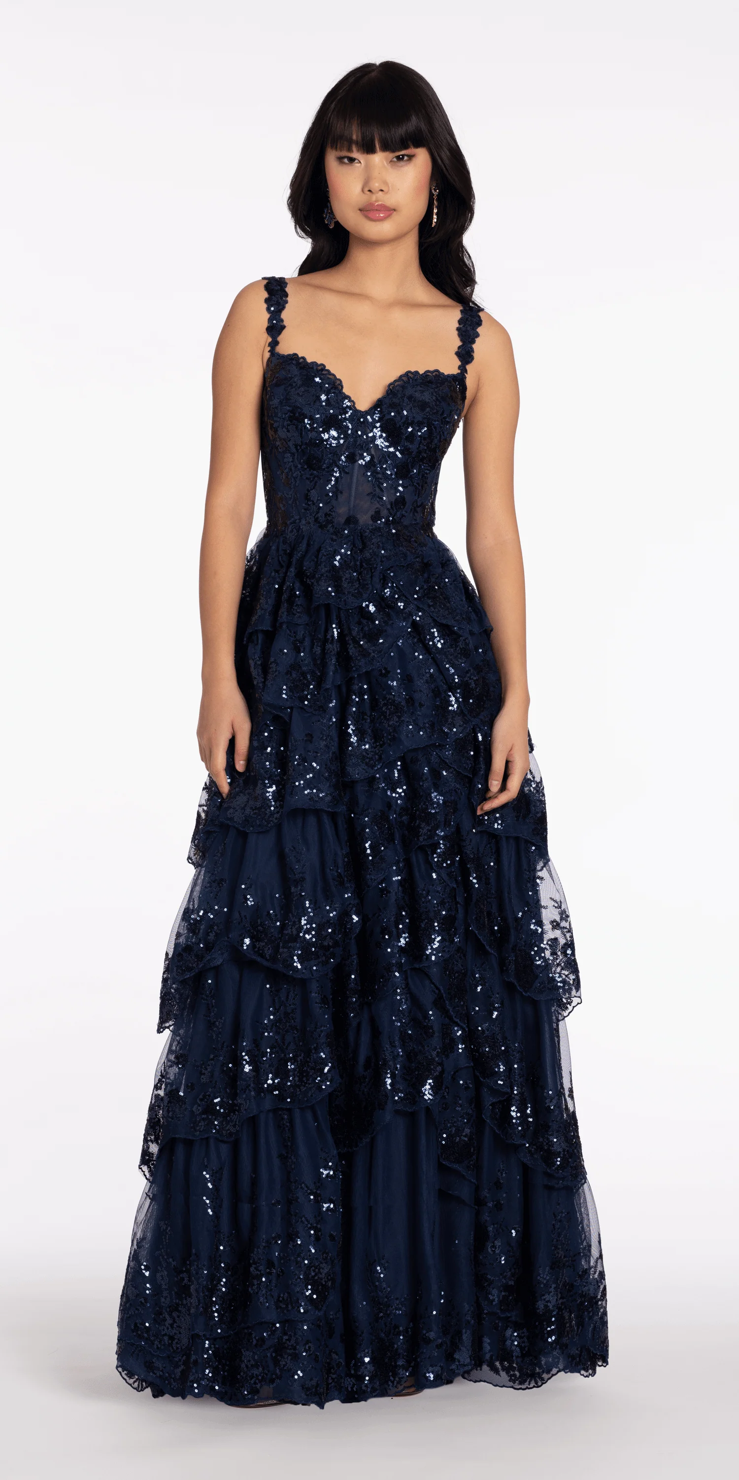 Sequin Embroidered Corset Mesh Tiered Ballgown with Illusion Back - Image 6