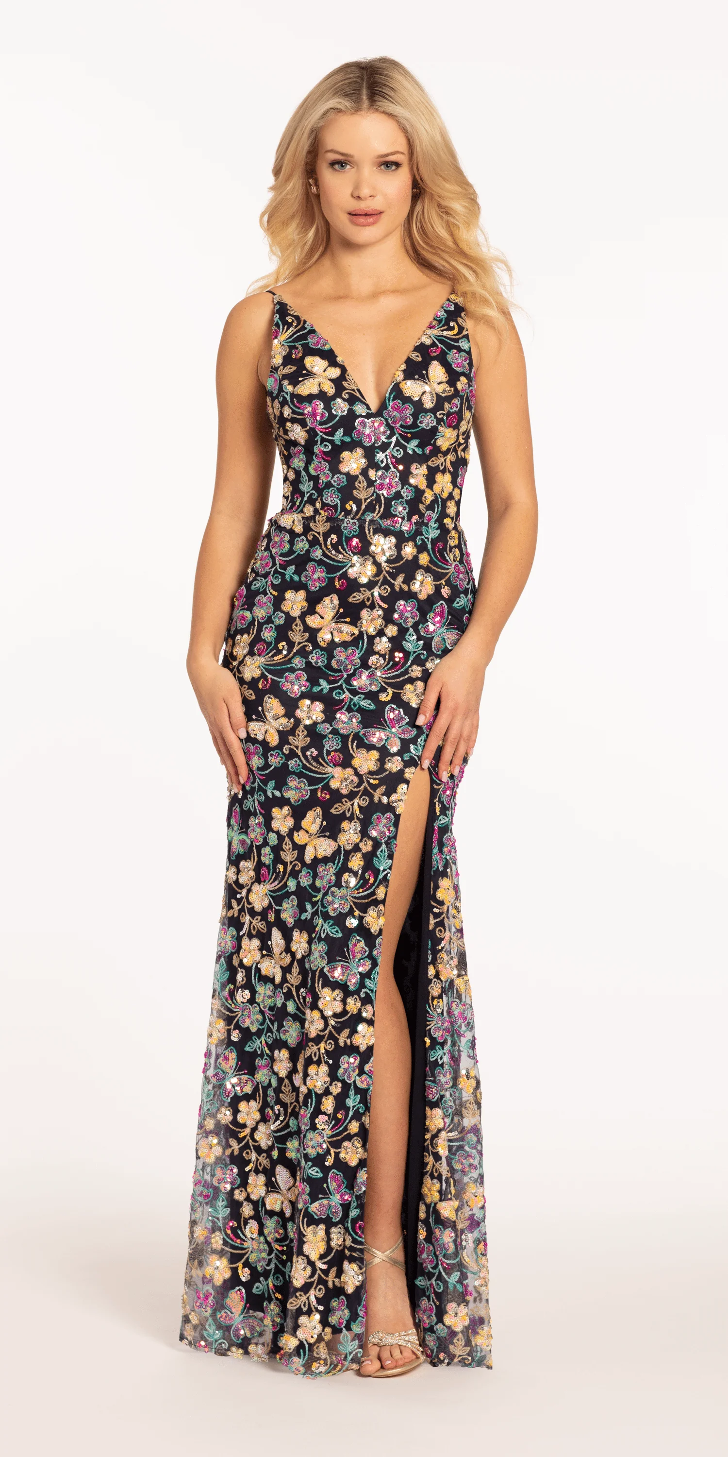 Sequin Floral Garden Plunging Mesh Column Dress - Image 3