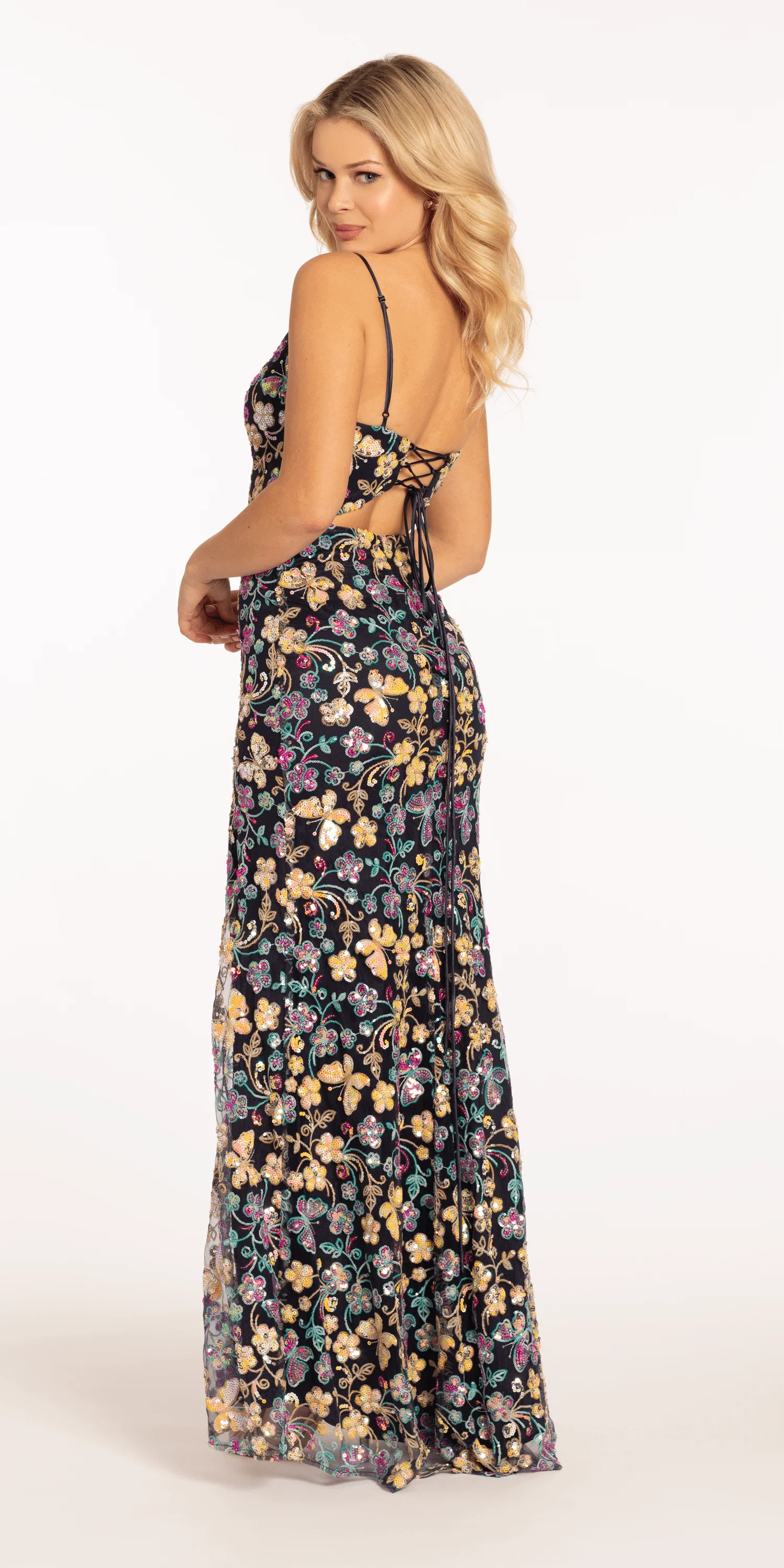 Sequin Floral Garden Plunging Mesh Column Dress - Image 5