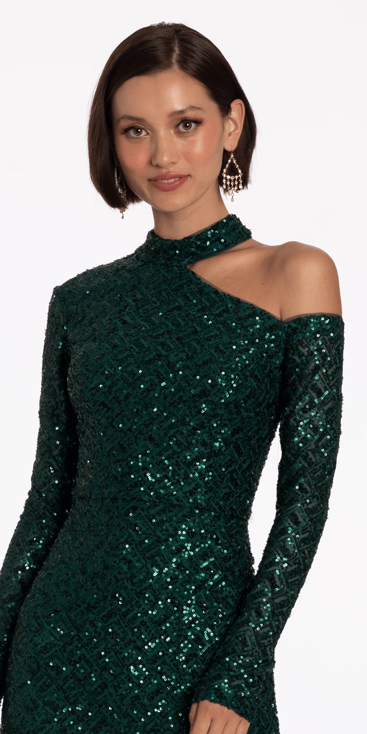 Sequin Long Sleeve One Cold Shoulder Column Dress - Image 3