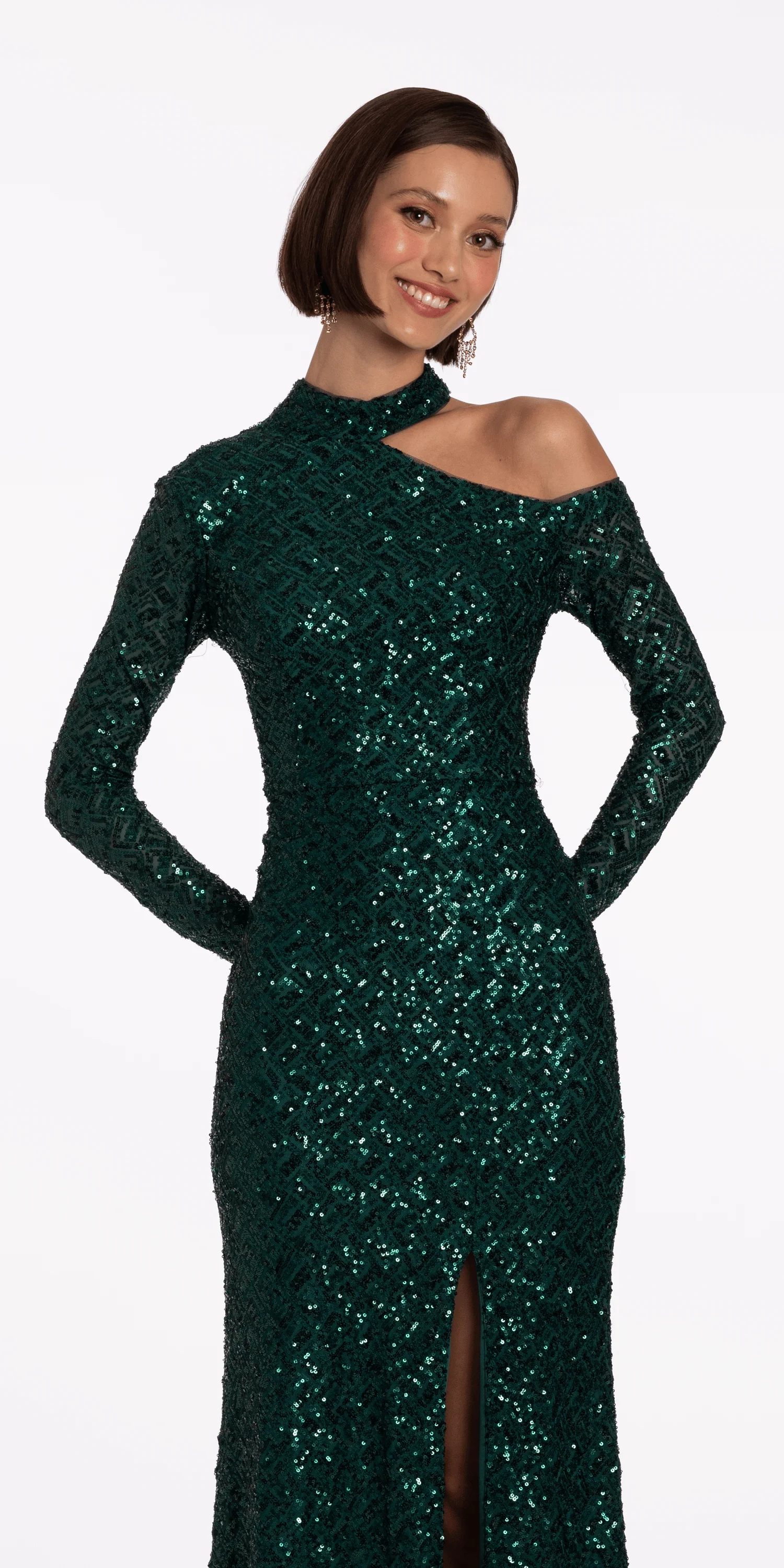 Sequin Long Sleeve One Cold Shoulder Column Dress - Image 4