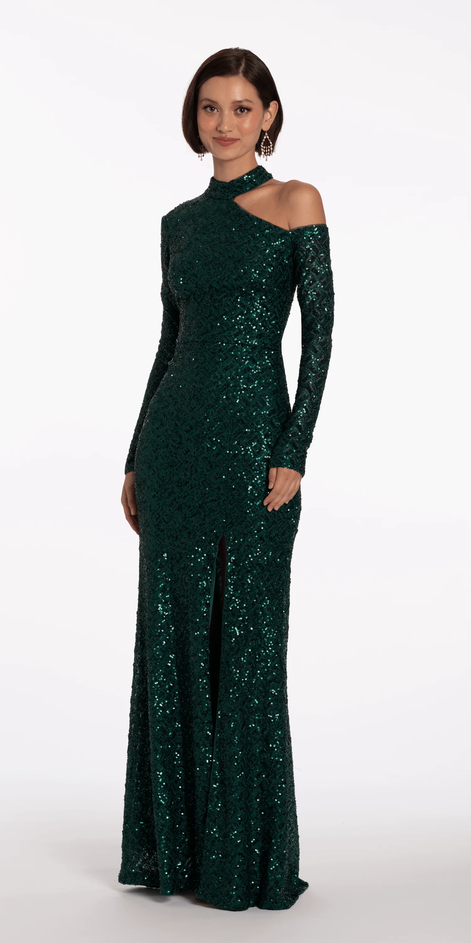 Sequin Long Sleeve One Cold Shoulder Column Dress - Image 5