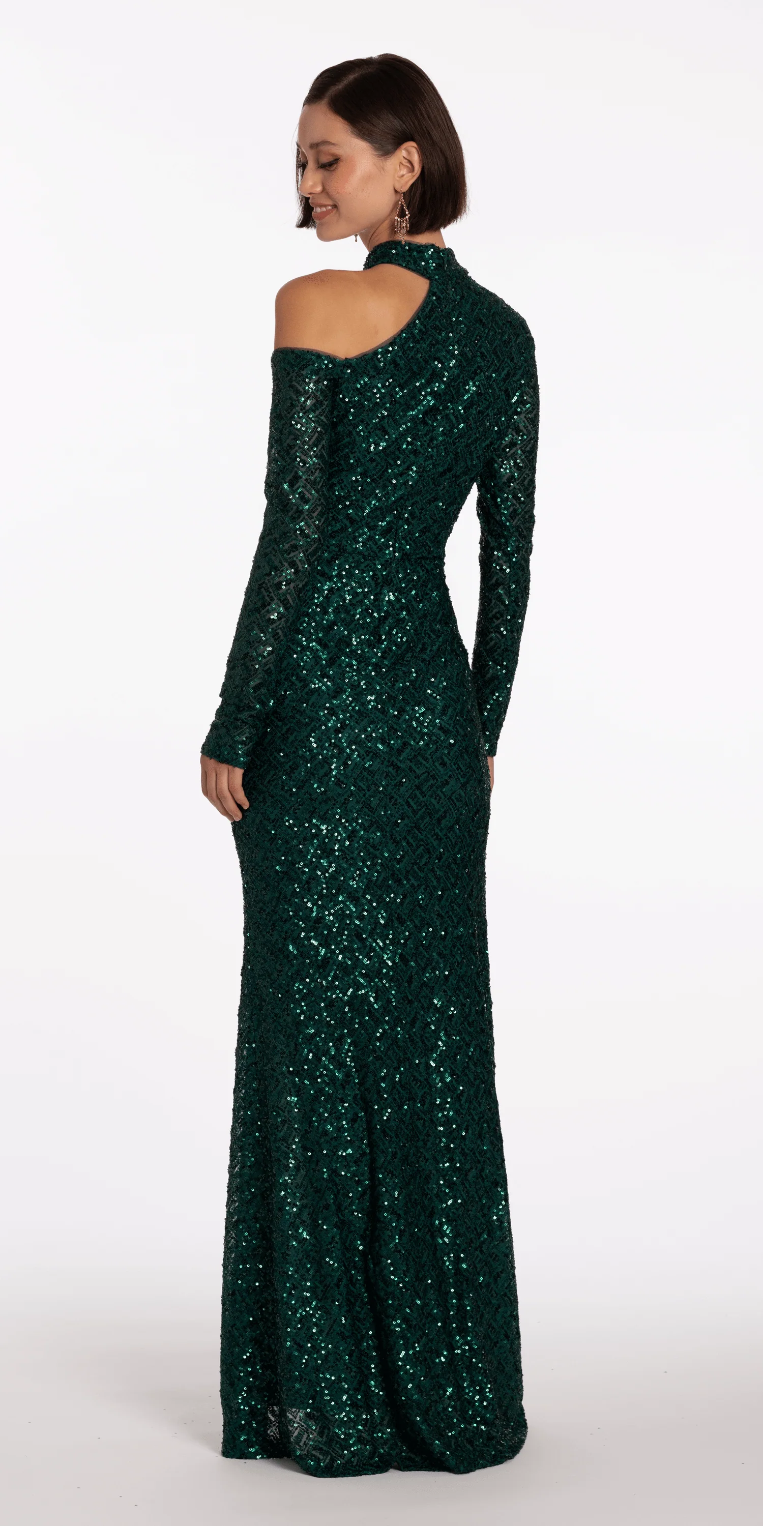 Sequin Long Sleeve One Cold Shoulder Column Dress - Image 6
