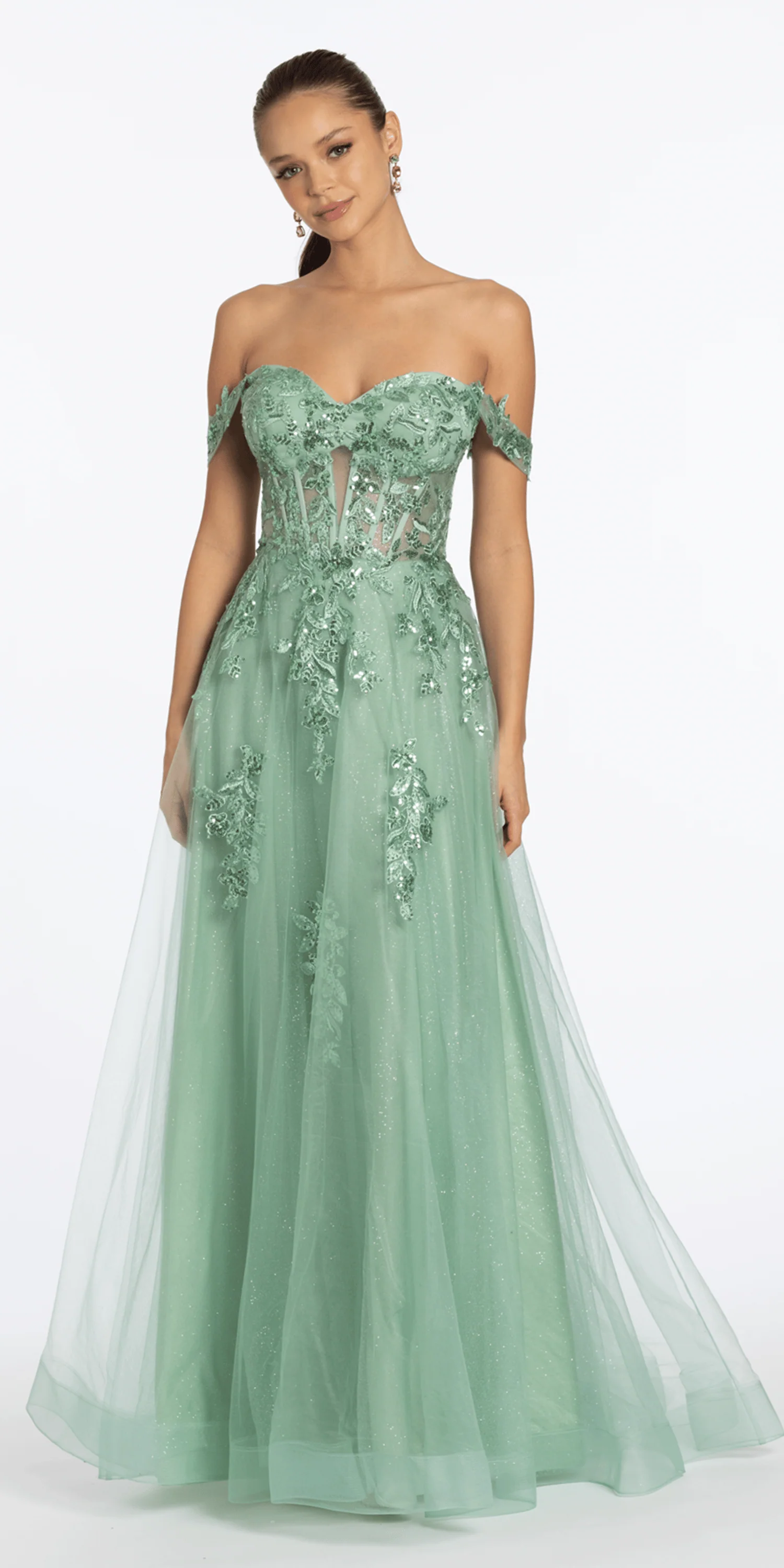 Sequin Embroidered Off the Shoulder Tulle Corset Ballgown - Image 2