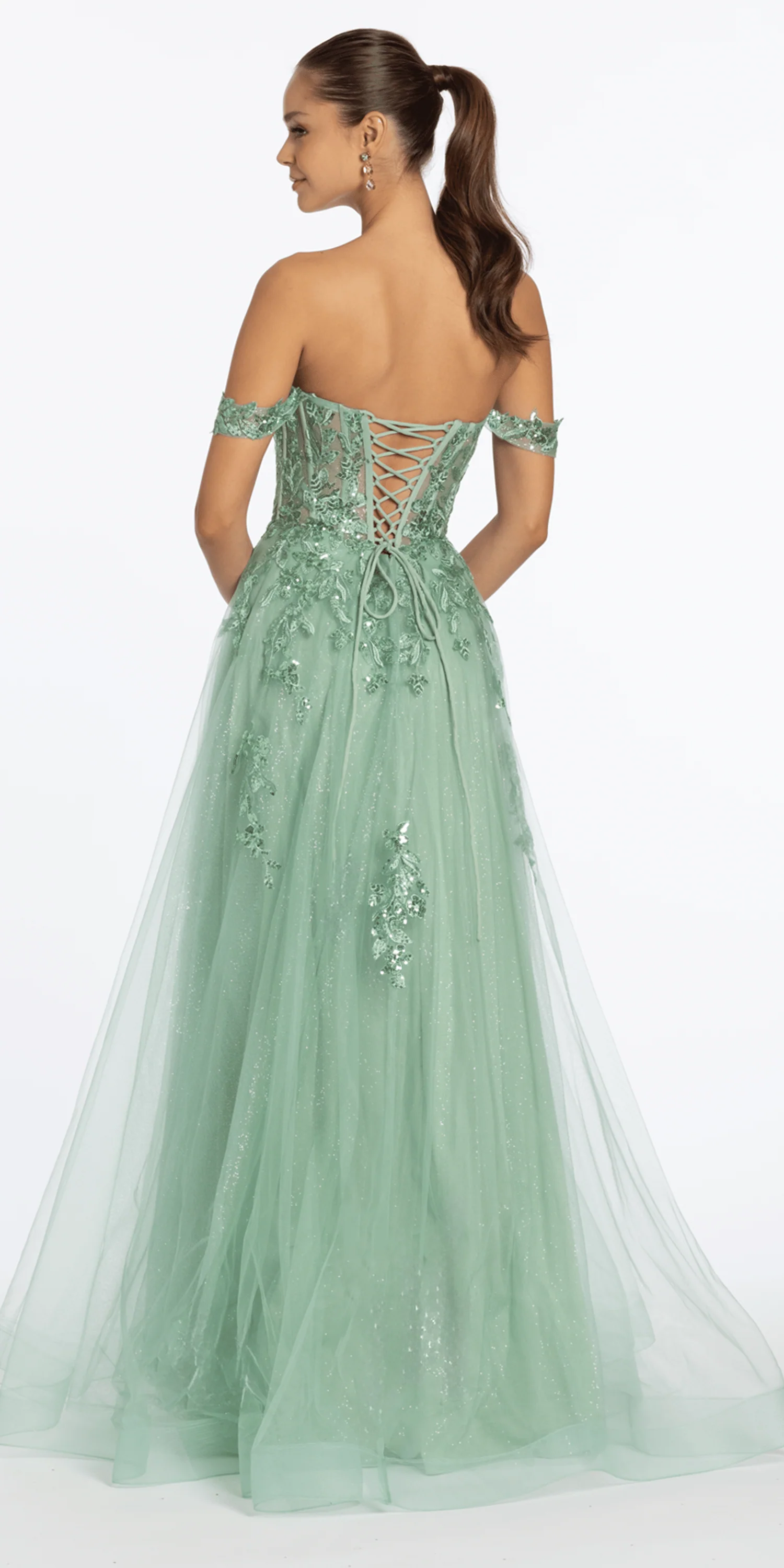 Sequin Embroidered Off the Shoulder Tulle Corset Ballgown - Image 3