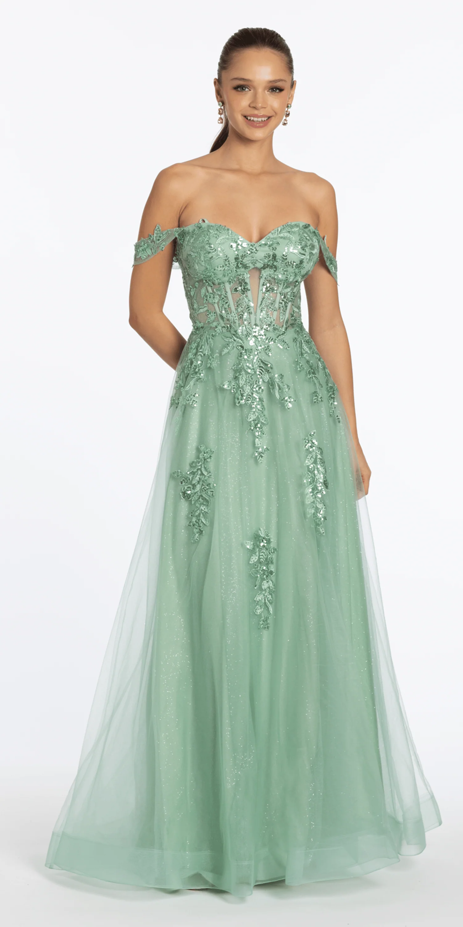 Sequin Embroidered Off the Shoulder Tulle Corset Ballgown - Image 5