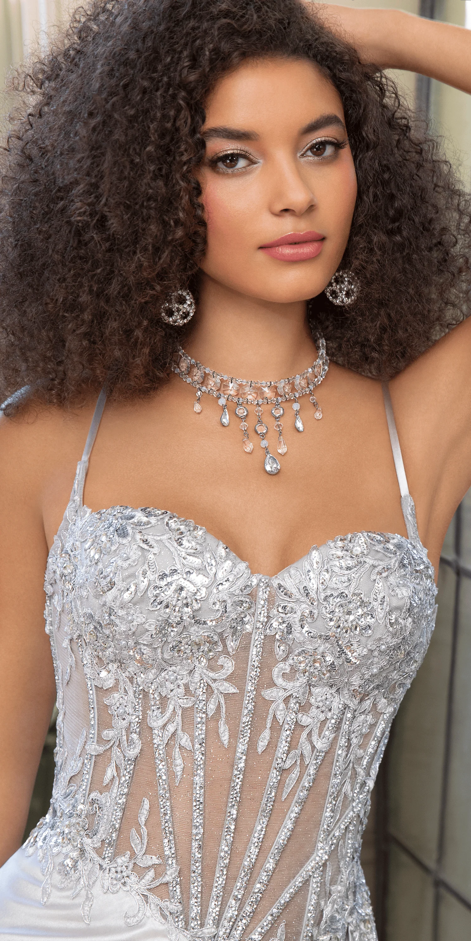Sheer Embellished Satin Corset Trumpet Dress with High Slit - Image 2