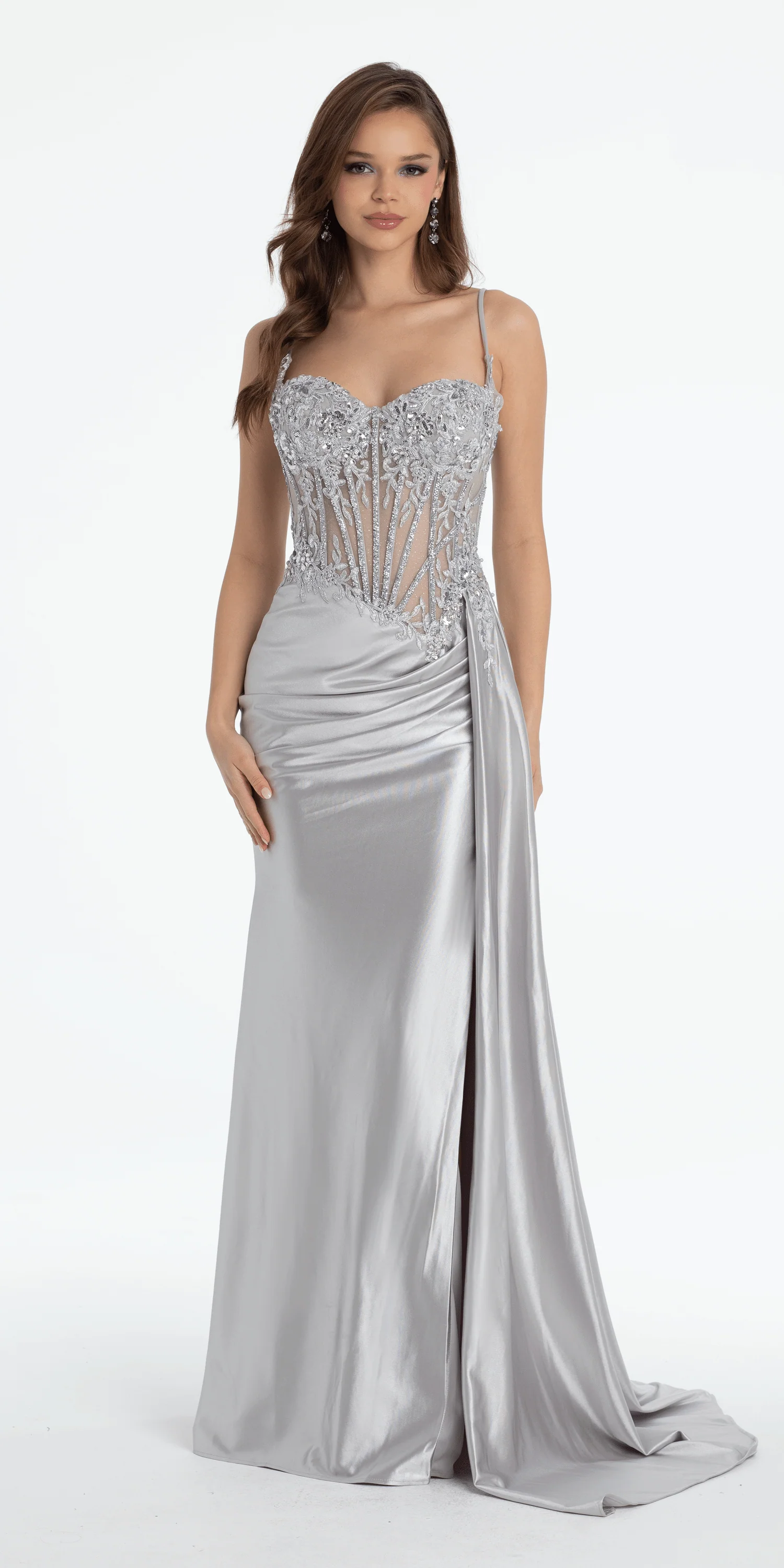 Sheer Embellished Satin Corset Trumpet Dress with High Slit - Image 8