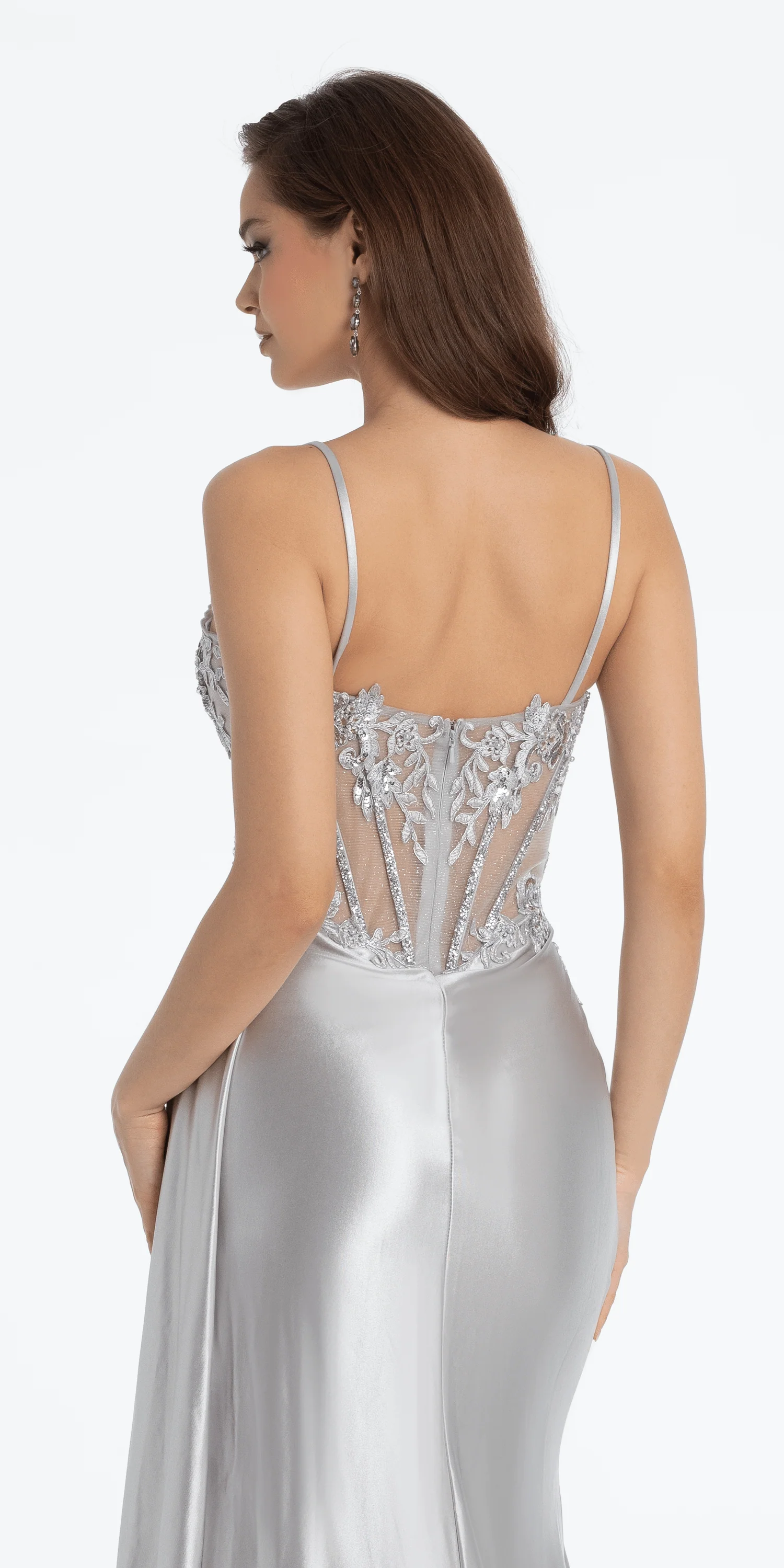 Sheer Embellished Satin Corset Trumpet Dress with High Slit - Image 9