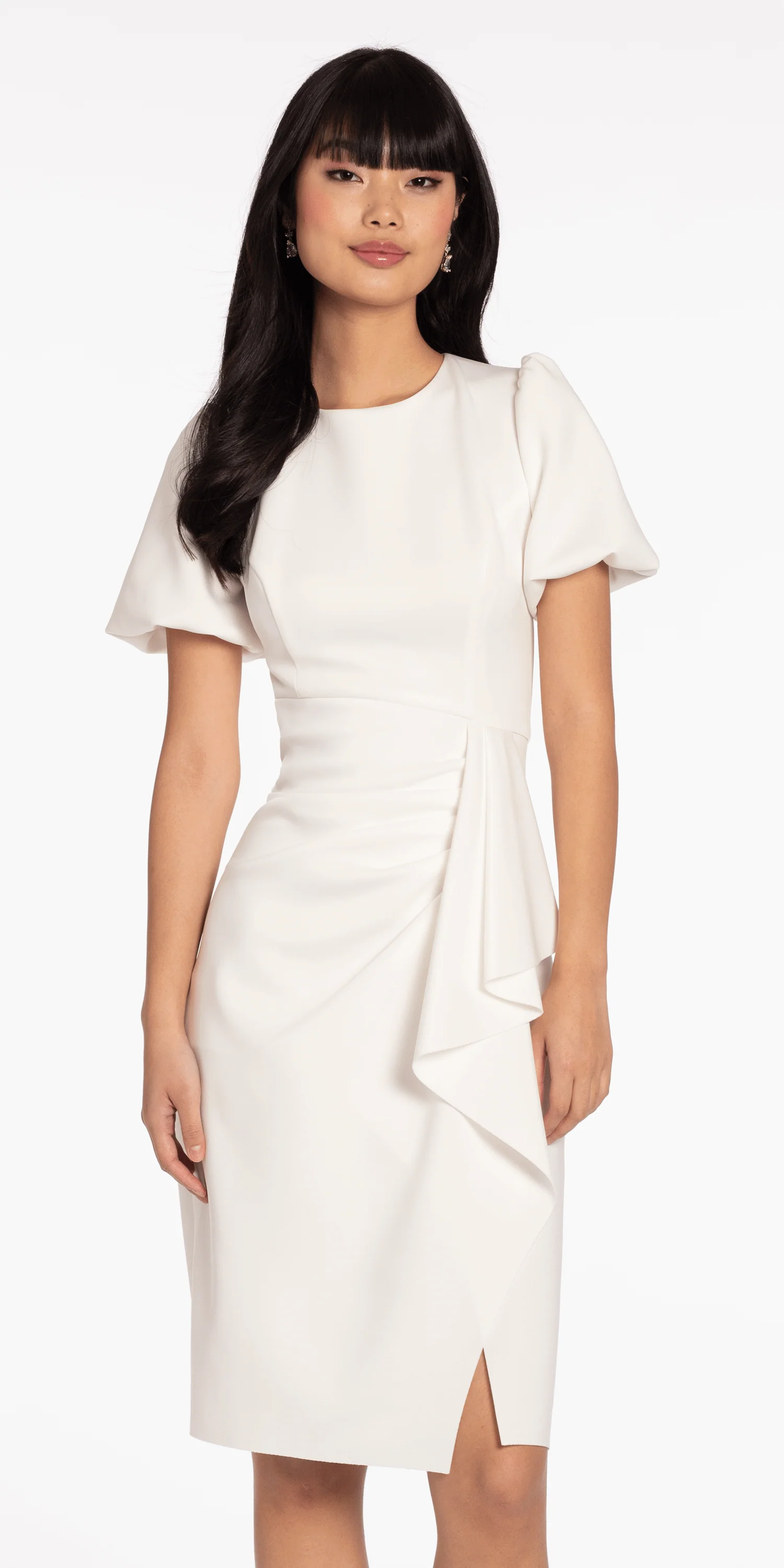 Short Puff Sleeve Scuba Midi Dress with Side Cascade - Image 5