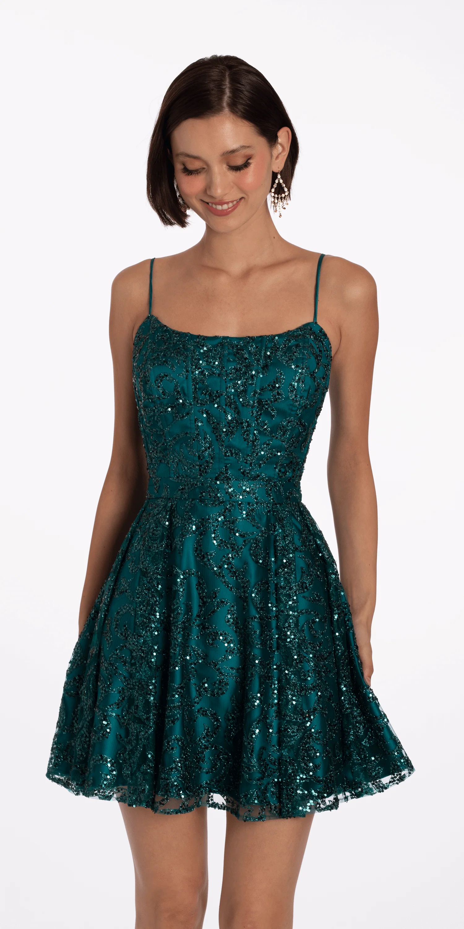 Square Neck Glitter Mesh Corset Skater Dress - Image 3