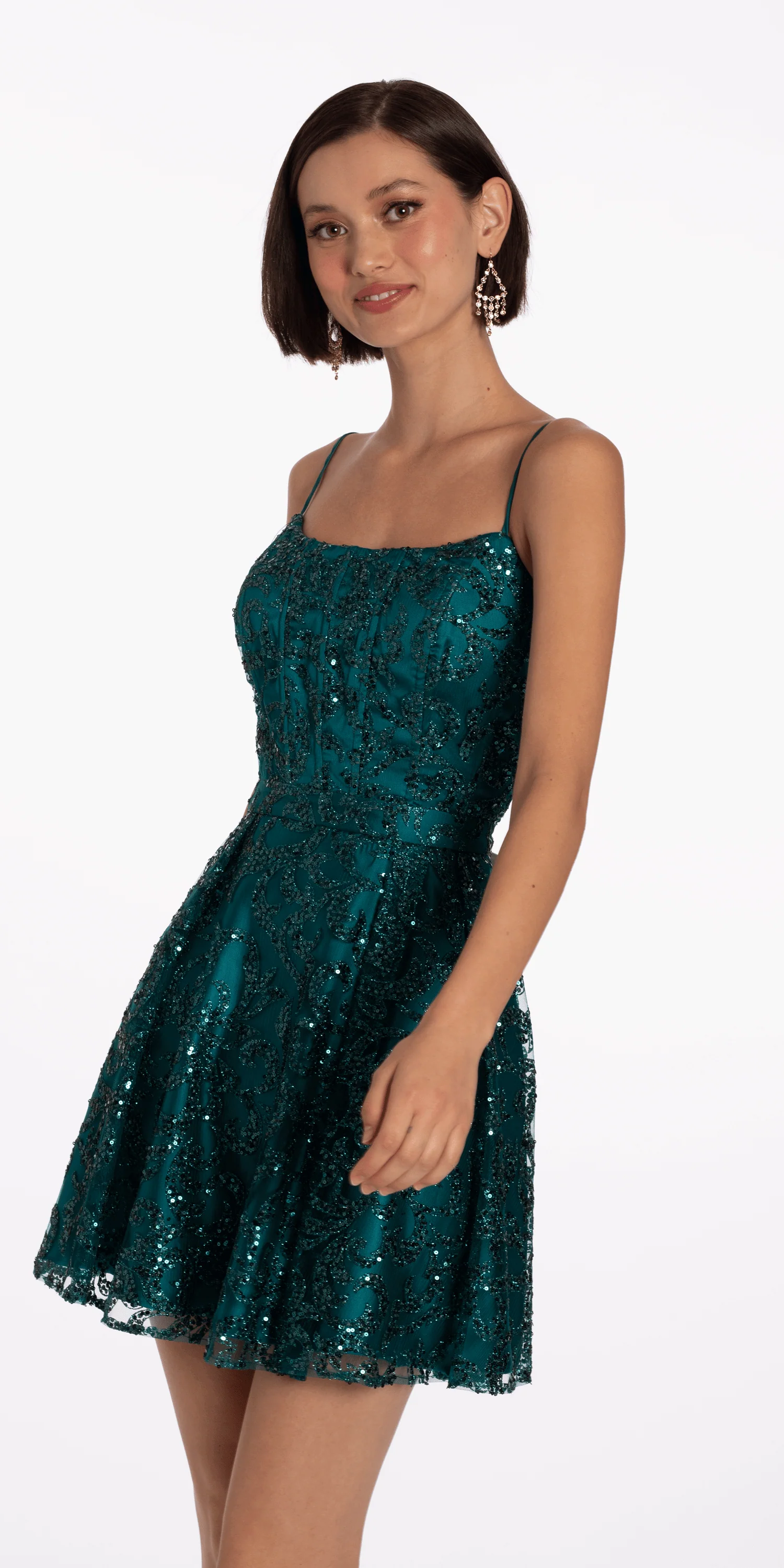 Square Neck Glitter Mesh Corset Skater Dress - Image 4
