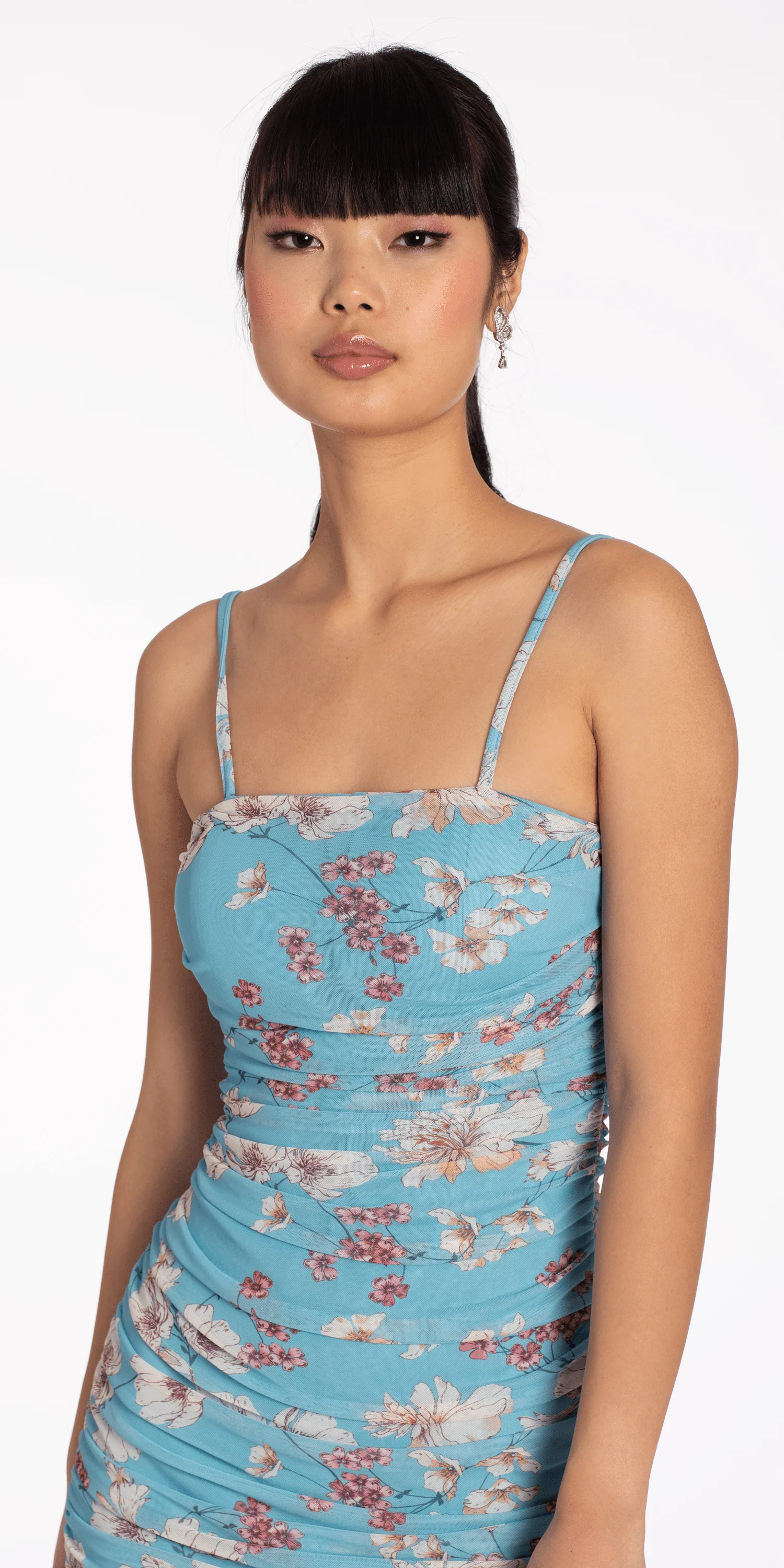 Square Neck Spaghetti Strap Floral Mesh Ruched Bodycon Dress - Image 2