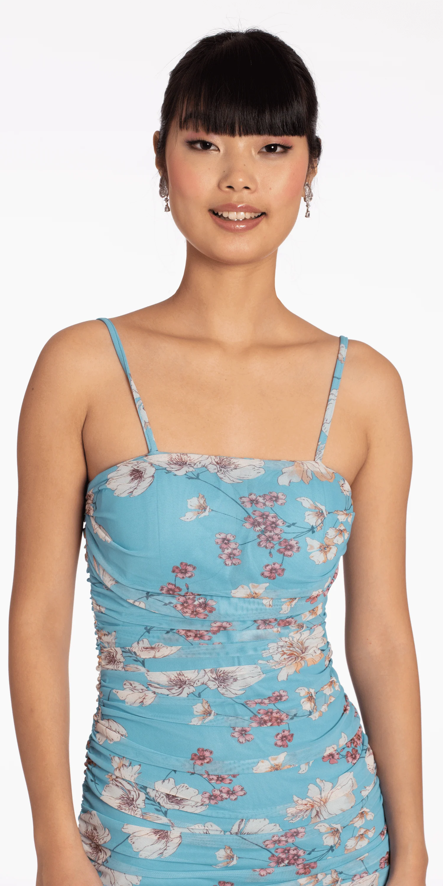 Square Neck Spaghetti Strap Floral Mesh Ruched Bodycon Dress - Image 3