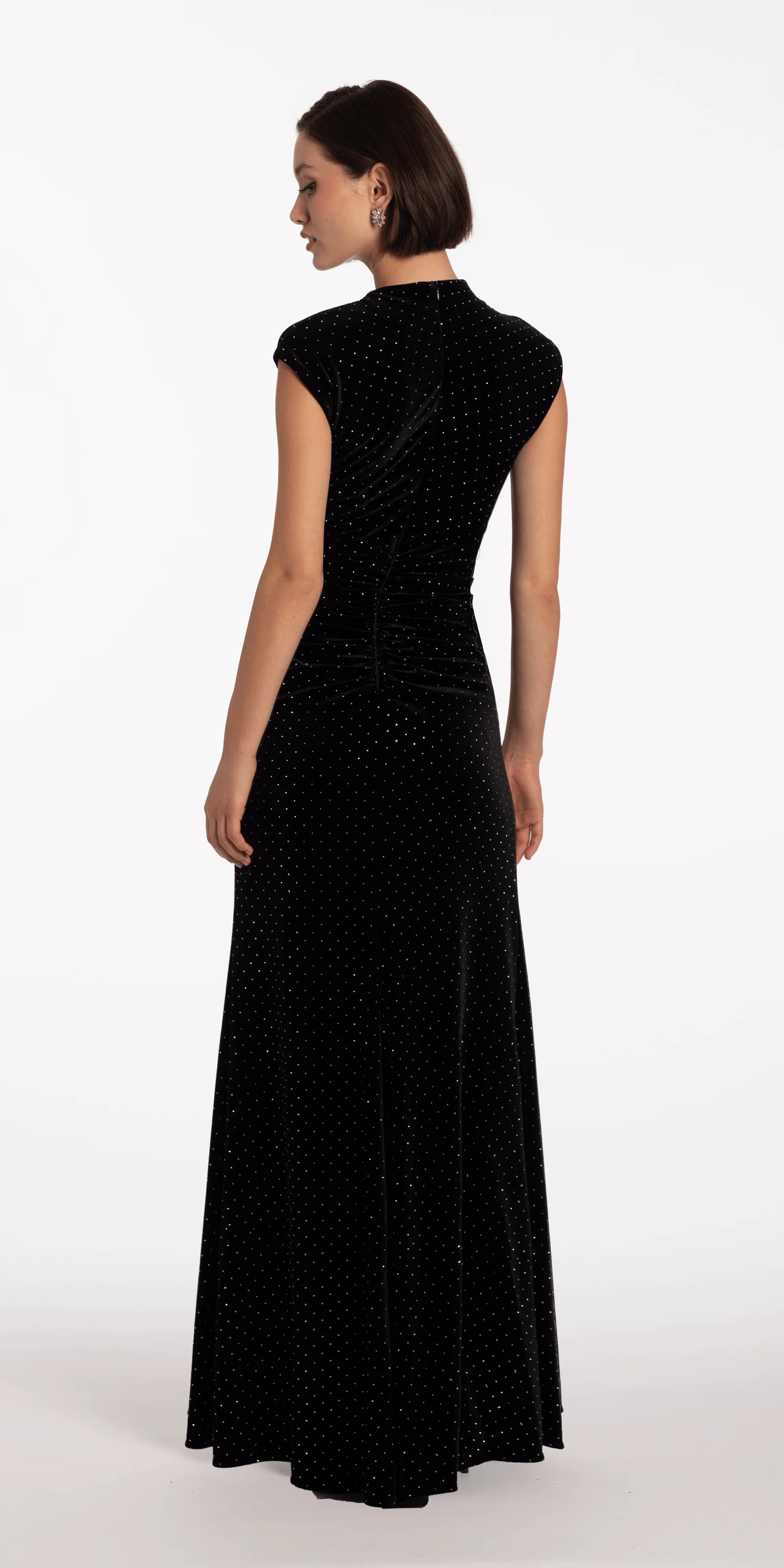 Stone Encrusted Velvet Mock Neck Cap Sleeve Column Dress - Image 5