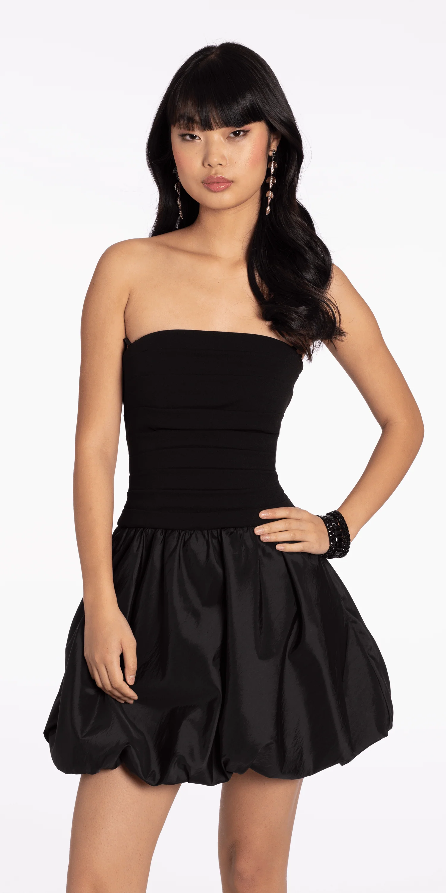 Strapless Scuba Fit and Flare Dress with Taffeta Bubble Hem - Image 3